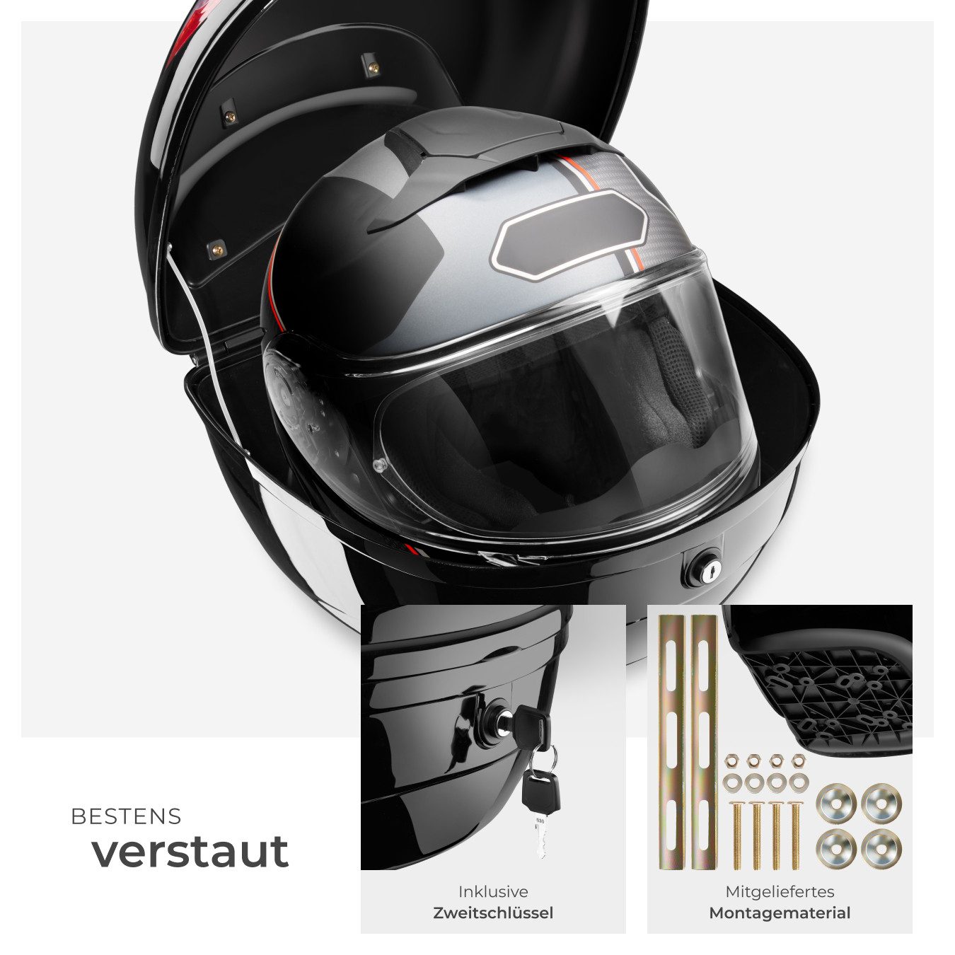 tectake Topcase Motorradkoffer mit Sicherheitsschloss, großer Reflektor, (Roller Koffer Sergej, in schwarz), Volumen 22 l, robust und spritzwassergeschützt – Bild 3 von 5