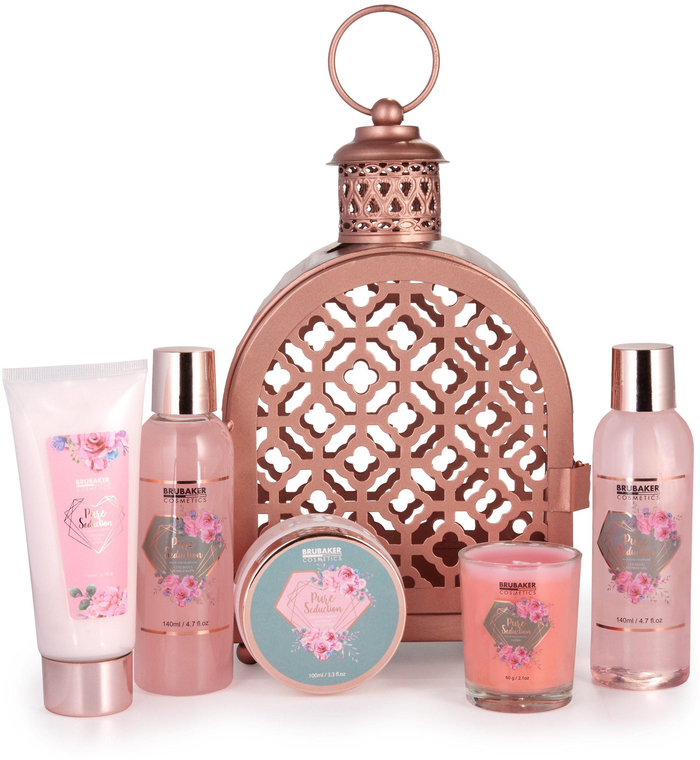 BRUBAKER Pflege-Geschenkset Dusch- und Badeset mit Rosen Duft - Frauen Geschenkset im Windlicht, 6-tlg., Beauty Wellness Set für Damen, Pflegeset Roségold