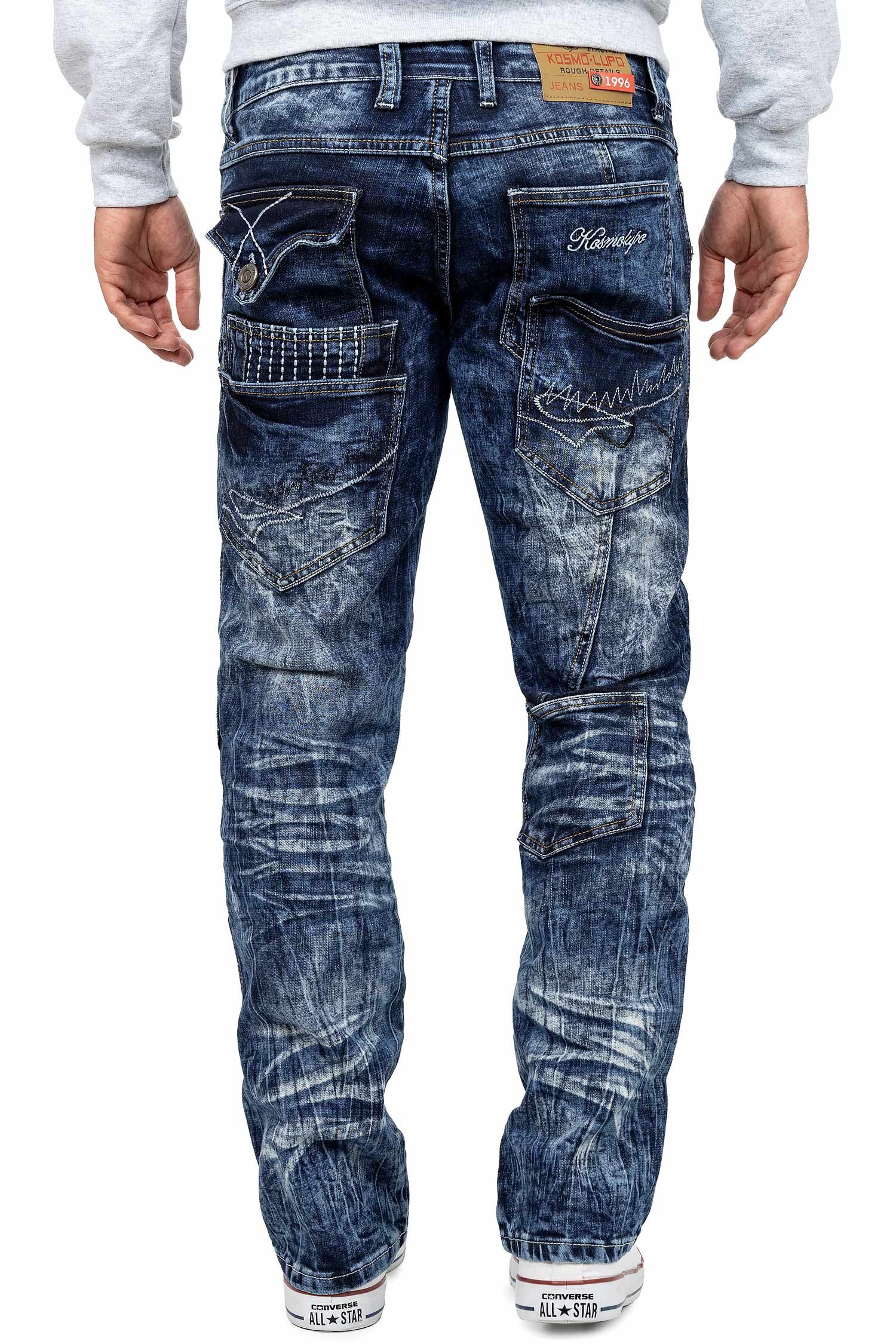 Kosmo Lupo 5-Pocket-Jeans Herren Regular Fit Hose Stonewashed KM070 (1-tlg) Used-Look im stoned-washed Finish