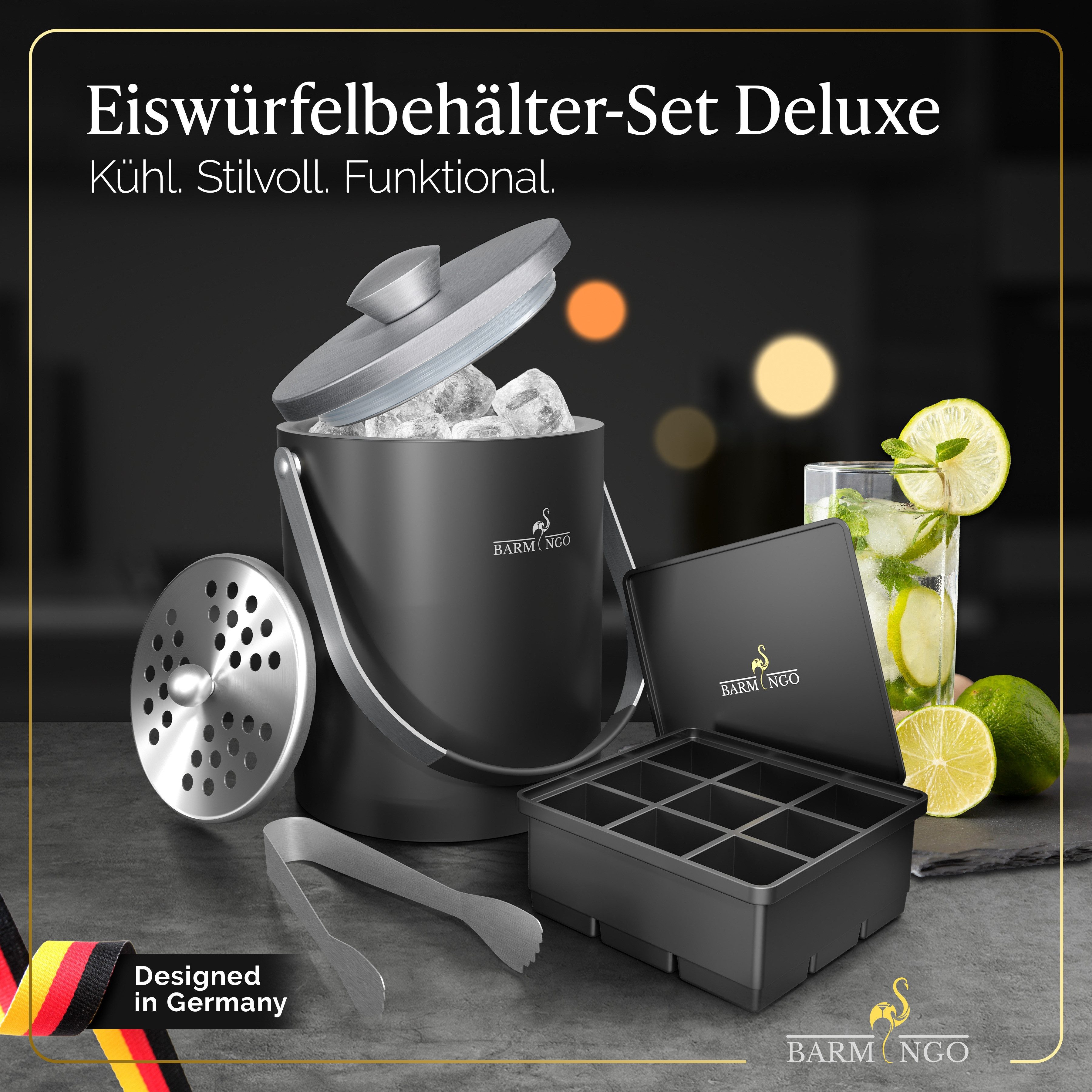 BARMINGO Eiswürfelbehälter mit Deckel (2 Liter), Edelstahl Eiskübel, (Eisbehälter Set, 3-tlg., 3 x 3 x 3 cm Eiswürfel, mit Sieb, Silikon Eiswürfelform & Zange), Eiseimer doppelwandig, isoliert, BPA-frei, Silikondeckel