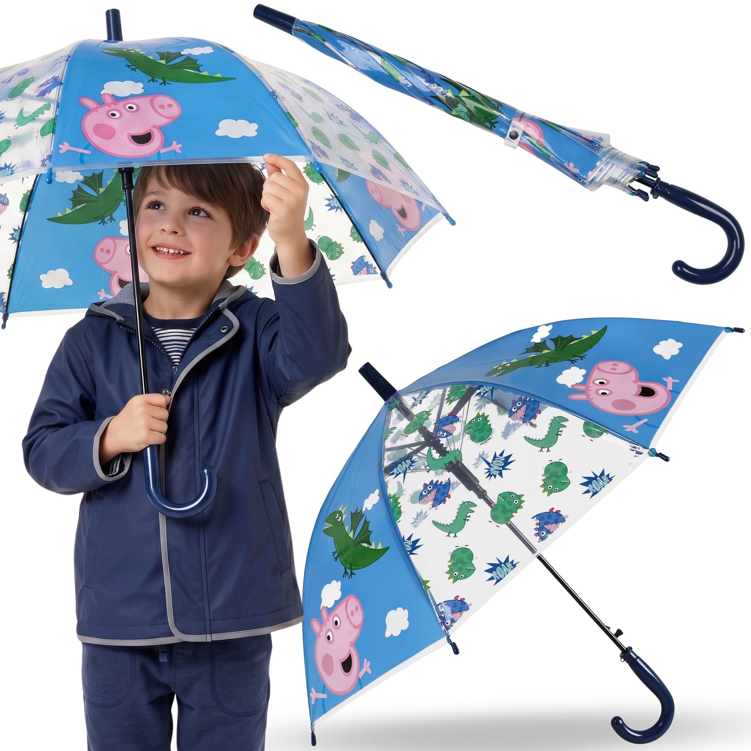 Sarcia.eu Taschenregenschirm Peppa Wutz Blauer Kinderschirm, transparenter FALTBARER AUTOMATISCHER