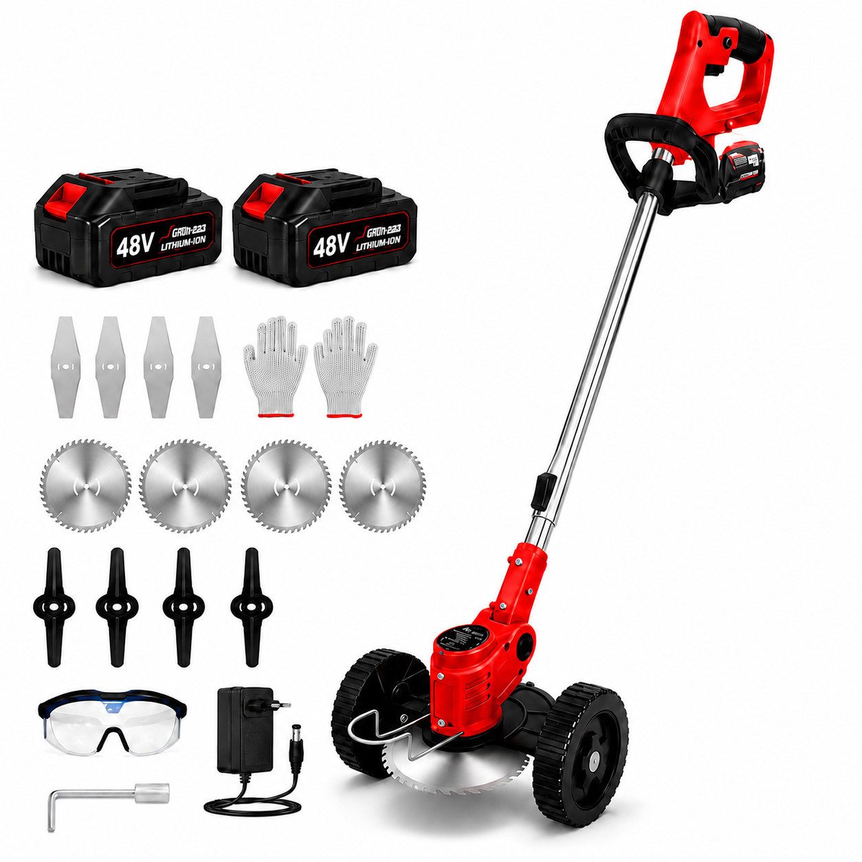 Toomoke Akku-Rasentrimmer 48V mit 2 Akkus, Freischneider Set, 17000 U/min, 35 cm Arbeitsbreite Faden, (Komplettes Akku Rasentrimmer Set mit mehreren Schneidaufsätzen), 6000mAh Akku Gartentrimmer mit Doppellrad