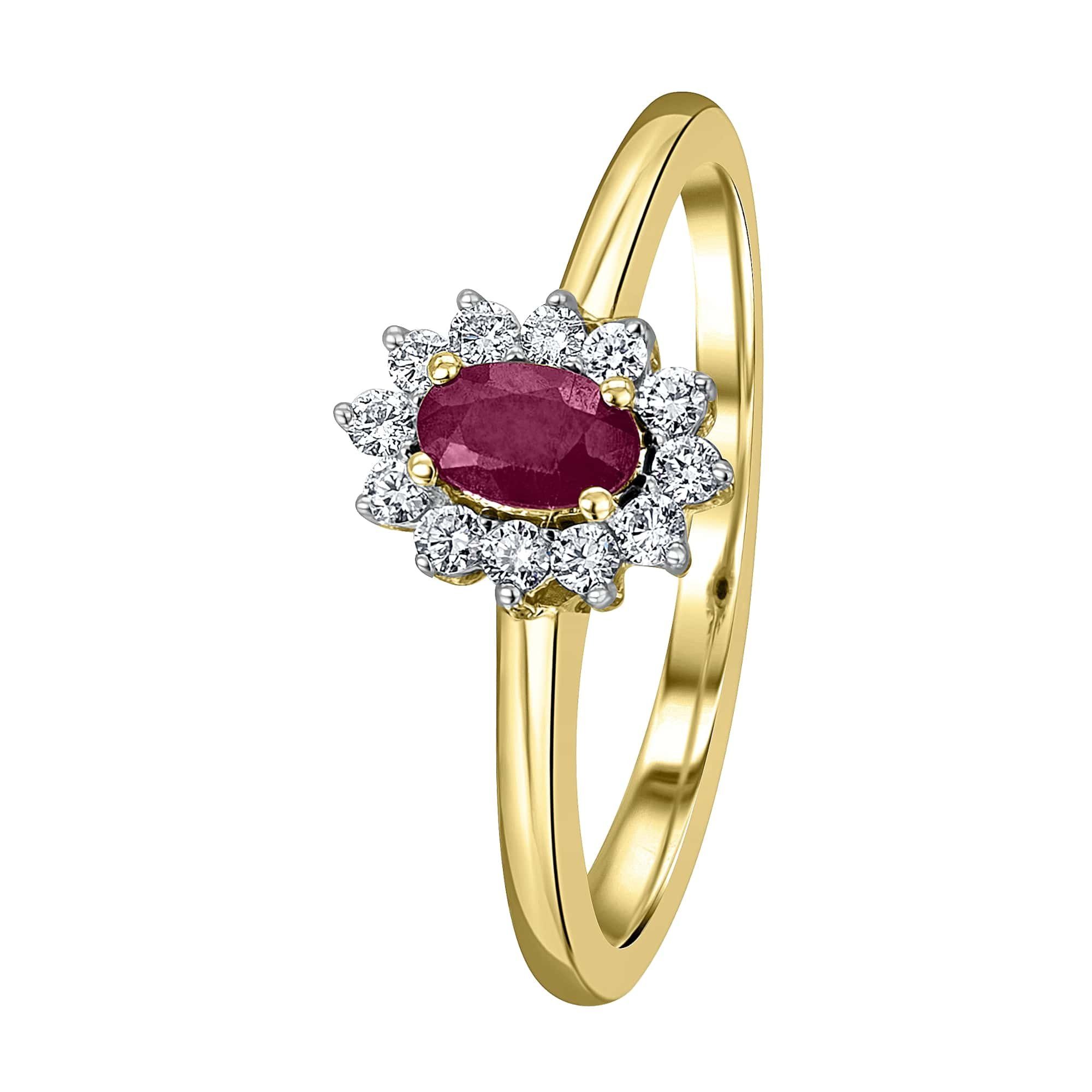ONE ELEMENT Diamantring 0,15 ct Diamant Brillant Rubin Ring aus 585 Gelbgold, Damen Gold Schmuck