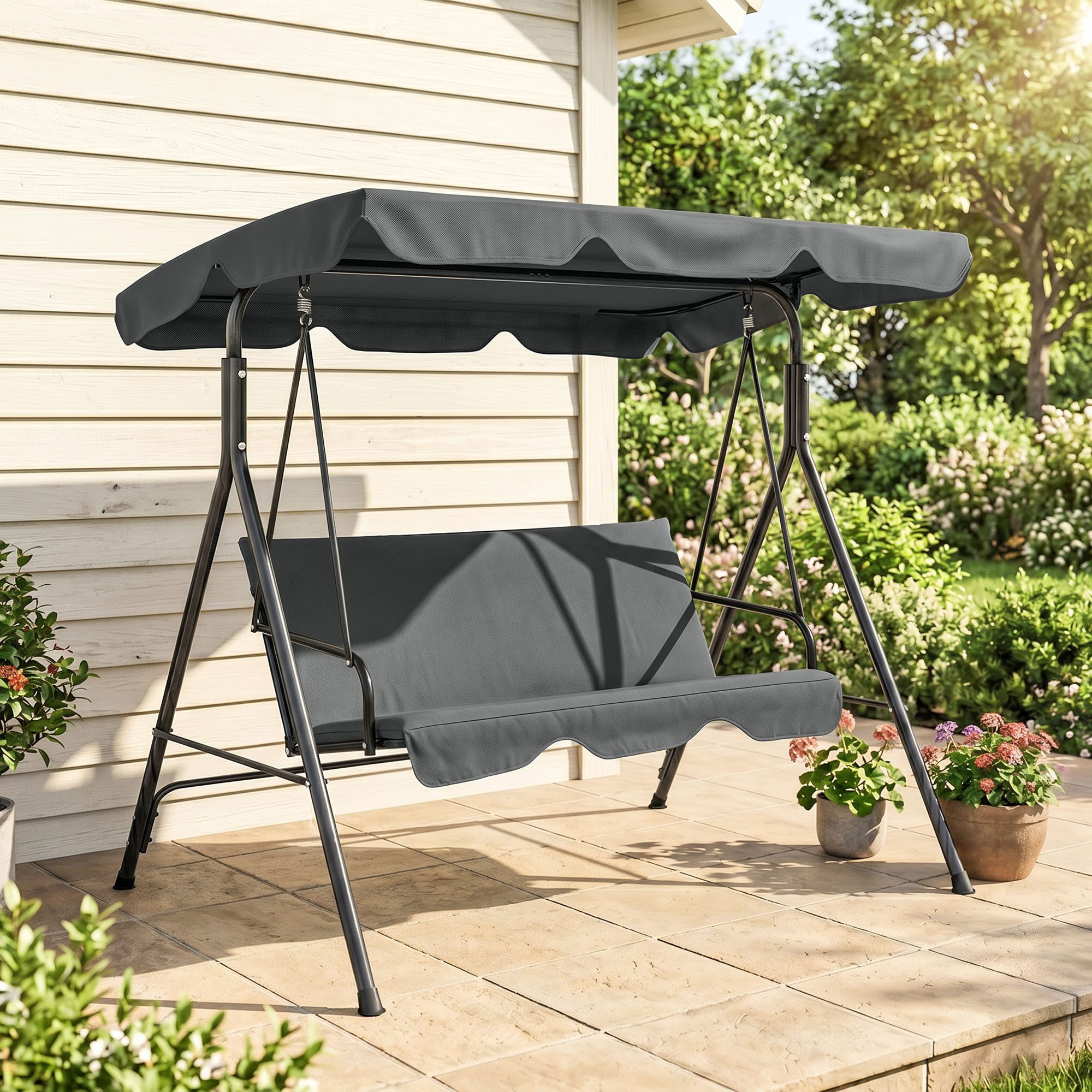 Outsunny Hollywoodschaukel Gartenschaukel, verstellbar, Schaukelbank belast bis 240 kg, 3-Sitzer, mit Sonnendach, 3-Sitzer Gartenschaukel, 1 tlg., Schaukelbank, für Garten, Terrasse, 172 x 110 x 153 cm, Grau