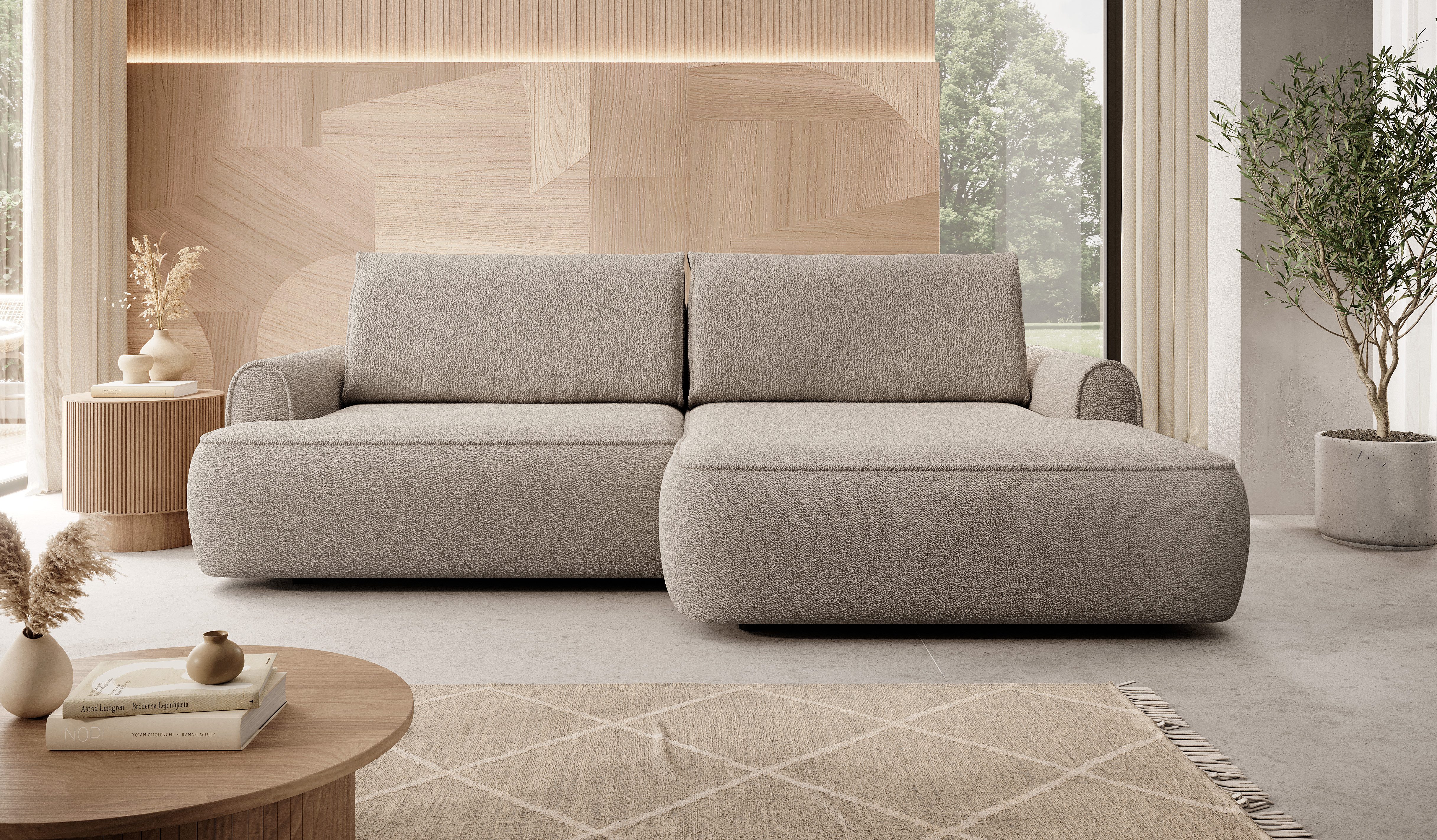 Goldstoff Ecksofa 250 cm mit Schlaffunktion & Bettkasten – Strukturstoff, Water-Stop-Technologie, Automat-DL – Schlafsofa modern organisch