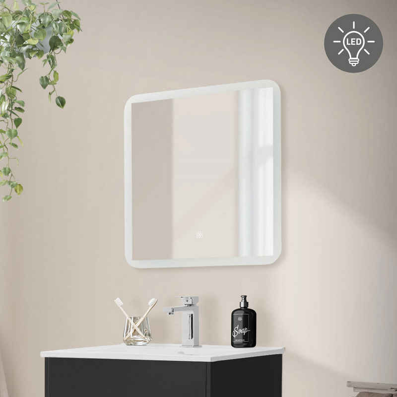 ML-DESIGN Badezimmerspiegelschrank Badezimmerspiegel aus Glas Wandmontage Deko Spiegel 60x60 cm Weiß mit LED-Beleuchtung und Touchschalter