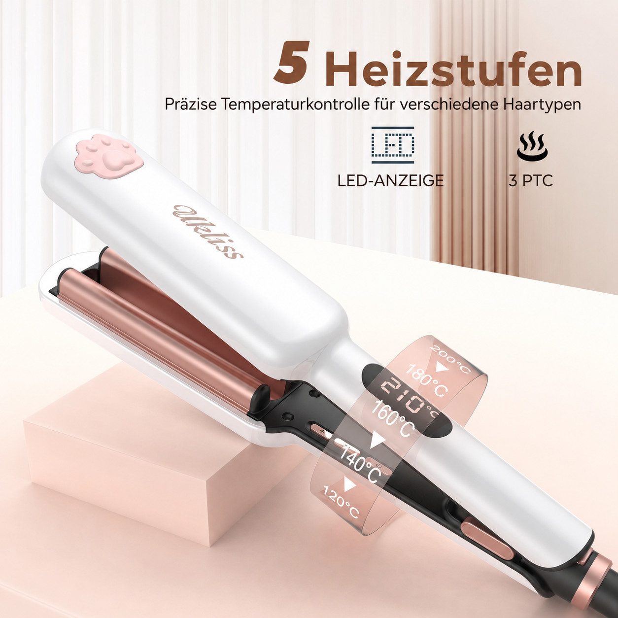 UKLISS Lockenstab 3-Walzen Welleneisen, Mini Reise Lockenstab, für Anfänger geeignet, für natürliche Meerjungfrauen-Wellen, LCD-Display 130–210°C