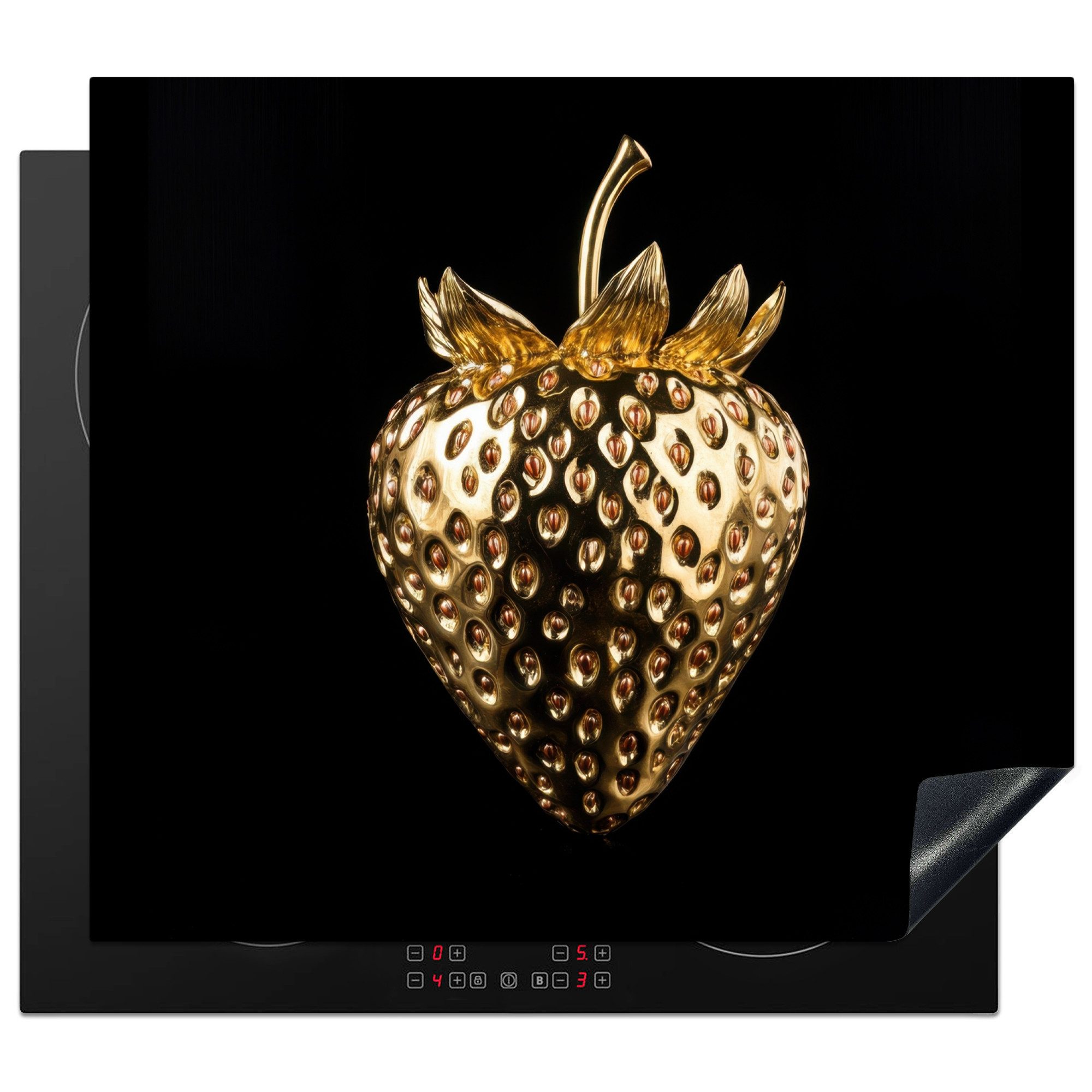 MuchoWow Herd-Abdeckplatte Erdbeere - Gold - Schwarz - Chrom, Vinyl, (1 tlg), Abdeckplatte für Ceranfeld, Herd Inductionsmatte, 57.6x51.6 cm