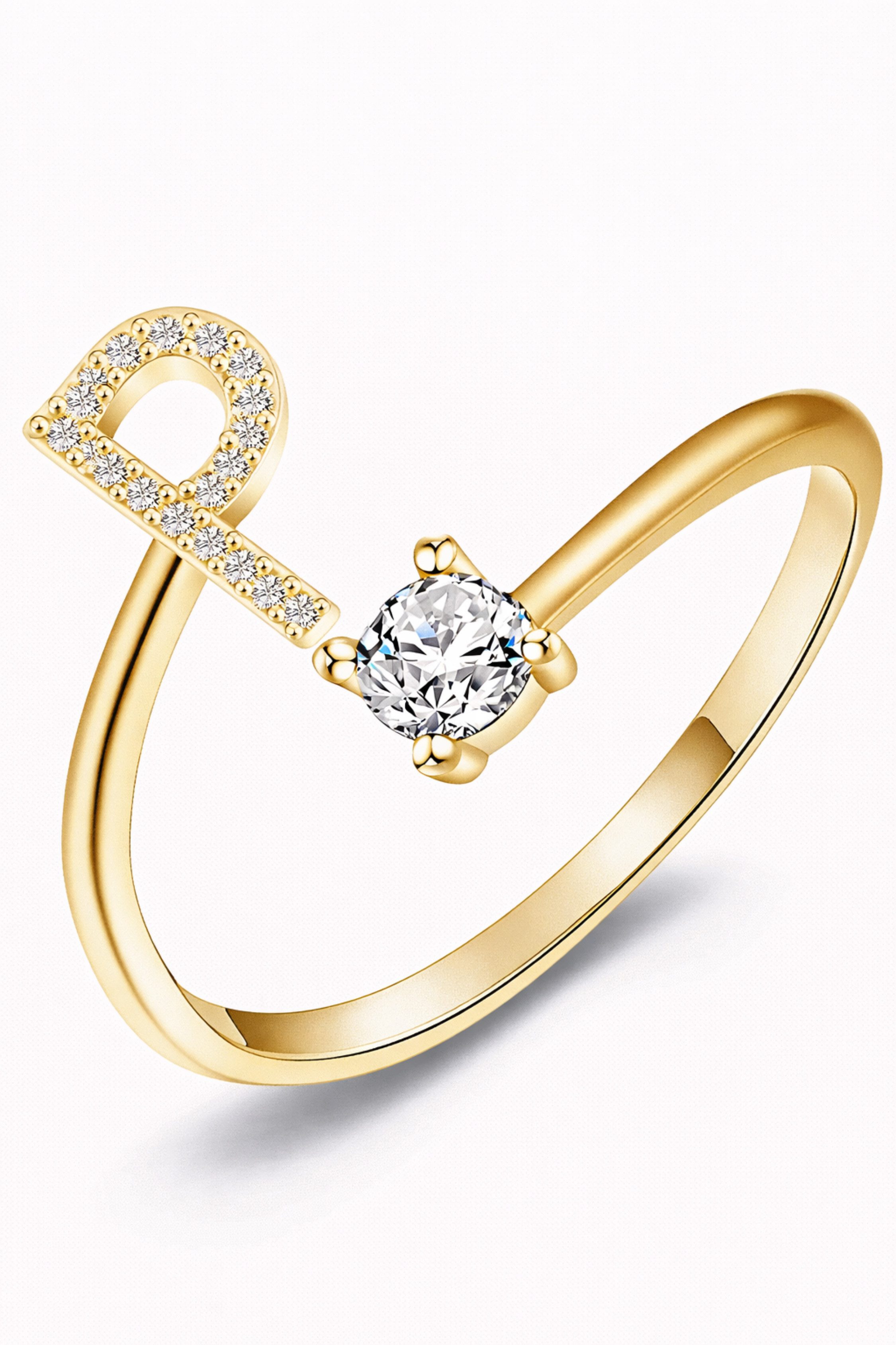 S&T Design Fingerring Buchstaben Ring Damen 14K Gold Vergoldet Silber Verstellbar Wasserfest (Goldring Geschenke für Frauen Freundin Mädchen Schmuck, 1-tlg., Buchstabenring), Damenring langlebigem Edelstahl Verstellbare Größe 50 - 60 Modeschmuck