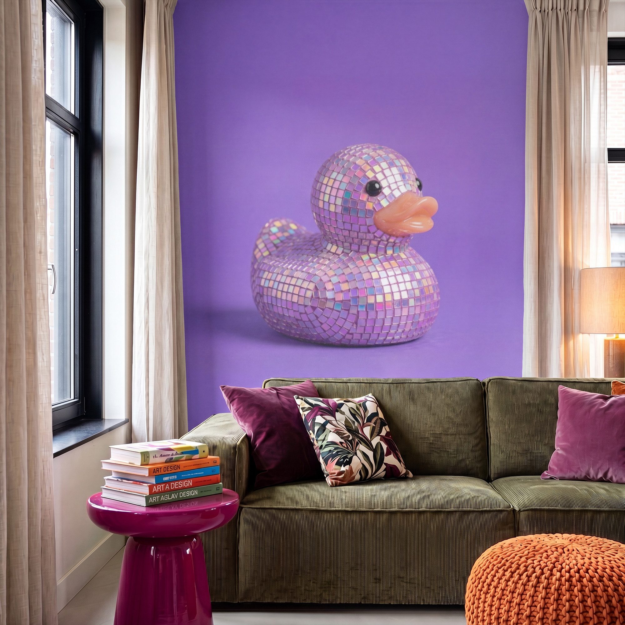 OnlyWow Fototapete Disco - Ente - Lila, Matt, bedruckt, Wandtapete, Schlafzimmer, Modern, Vliestapete 140x200cm