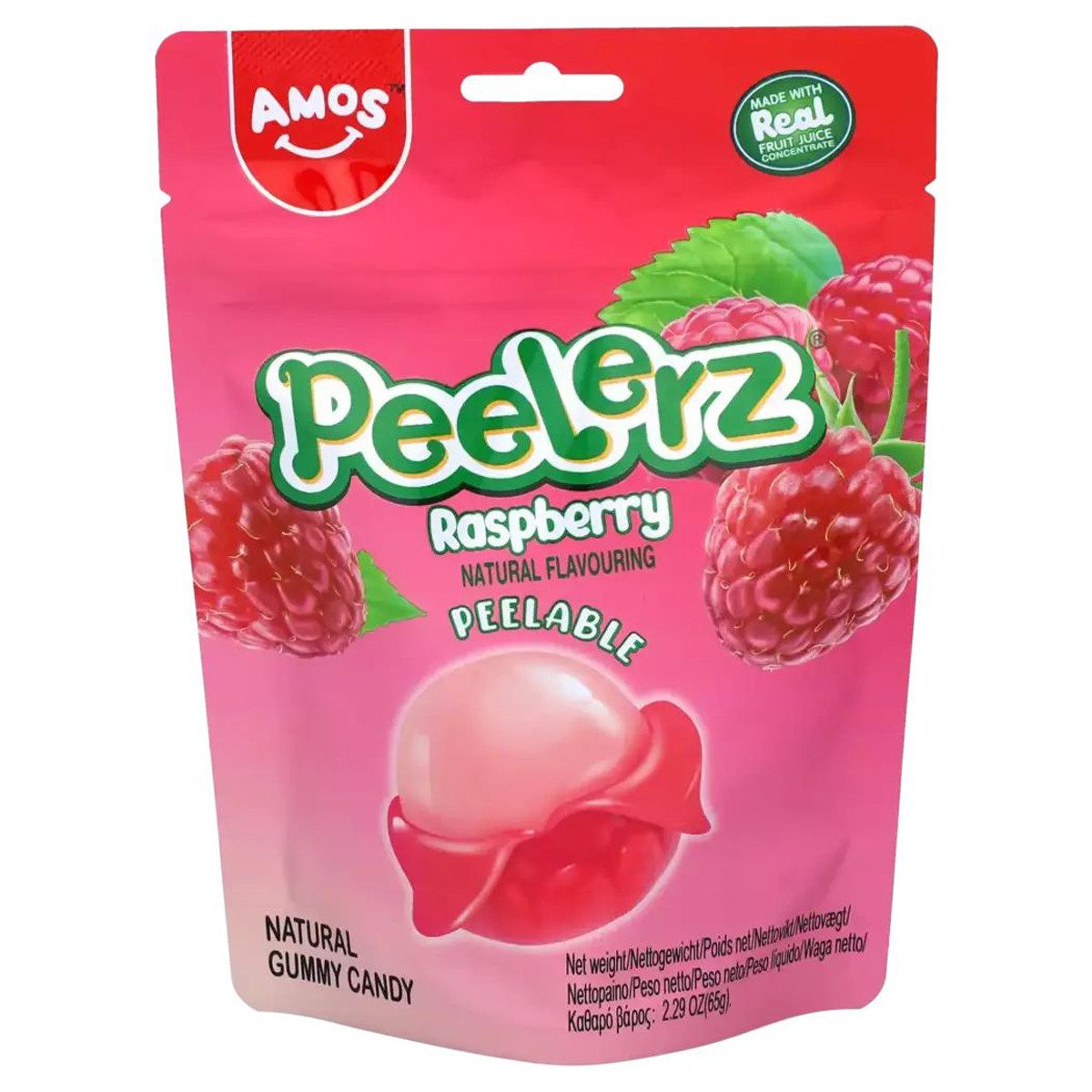 AMOS Süßigkeit, Amos Peelerz Gummies Raspberry mit einer fruchtigen Füllung 65g