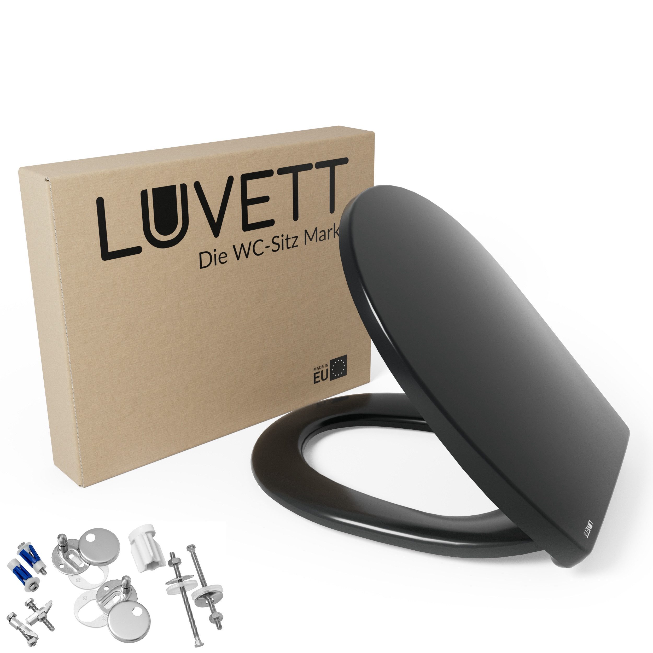 LUVETT WC-Sitz C100 mit Absenkautomatik, Duroplast sanitär, Universelle O-Form (Komplett-Set, Inklusive 3 Befestigungsarten), mit Original SoftClose® Absenkautomatik, Duroplast
