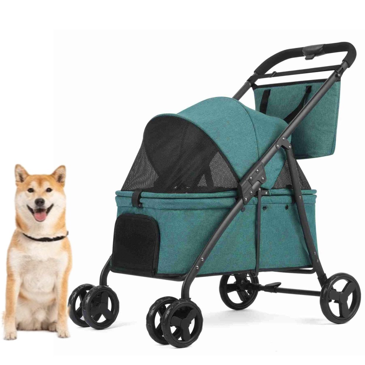 Super Solu Hundebuggy Klappbarer Hundewagen mit Netzfenstern für Hunde bis 36 kg, (Haustierwagen für mittelgroße Hunde, P05, 1-tlg), Dunkelgrün, Pet Stroller, Feststellbremse, leicht und robust