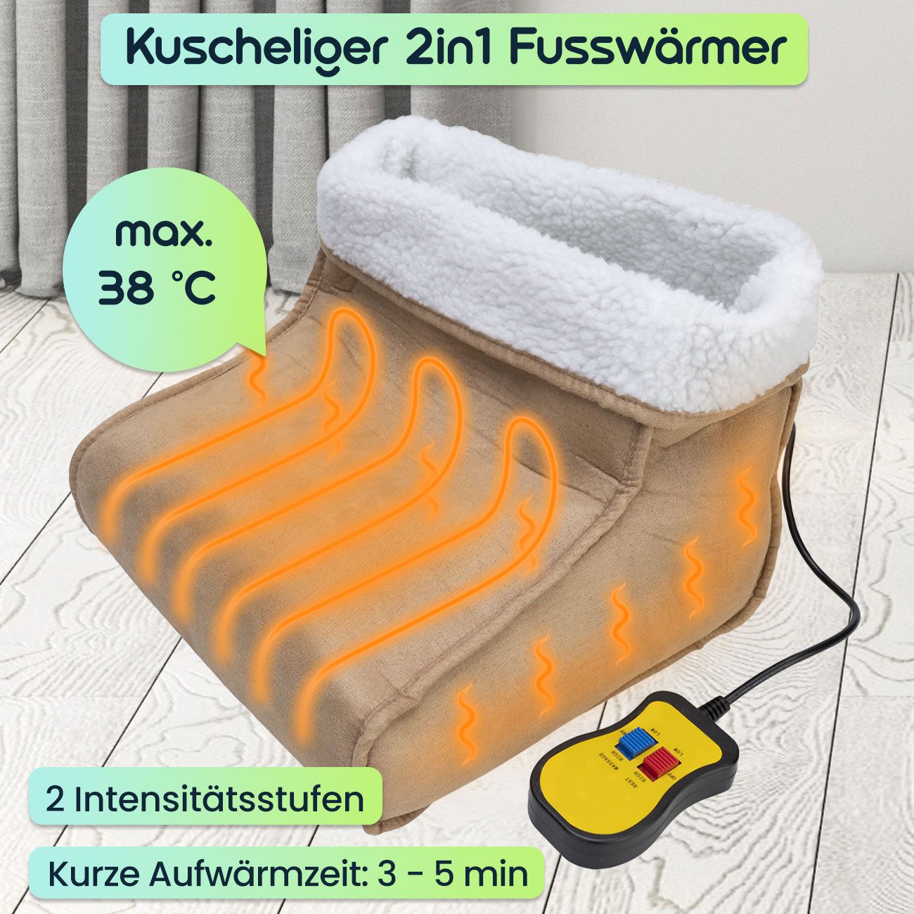 Casativo Elektrofußwärmer 2in1 Fußwärmer elektrisch Vibrationsmassage Kuschel-Fußheizung, bis 38°C Wärme, schnelle Aufheizzeit in 3/5 Min. 2 Intensitätsstufen