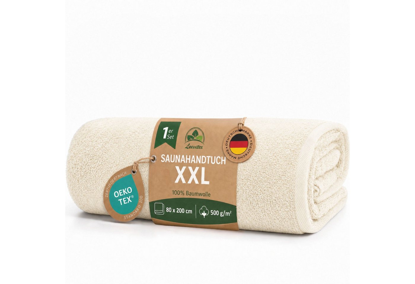 leevitex® Saunatuch, 80x200 cm, 100% Baumwolle, saugstark und fusselfrei, Frottee (1-St), OEKO-TEX® STANDARD 100 zertifiziert, gestreifte Bordüre