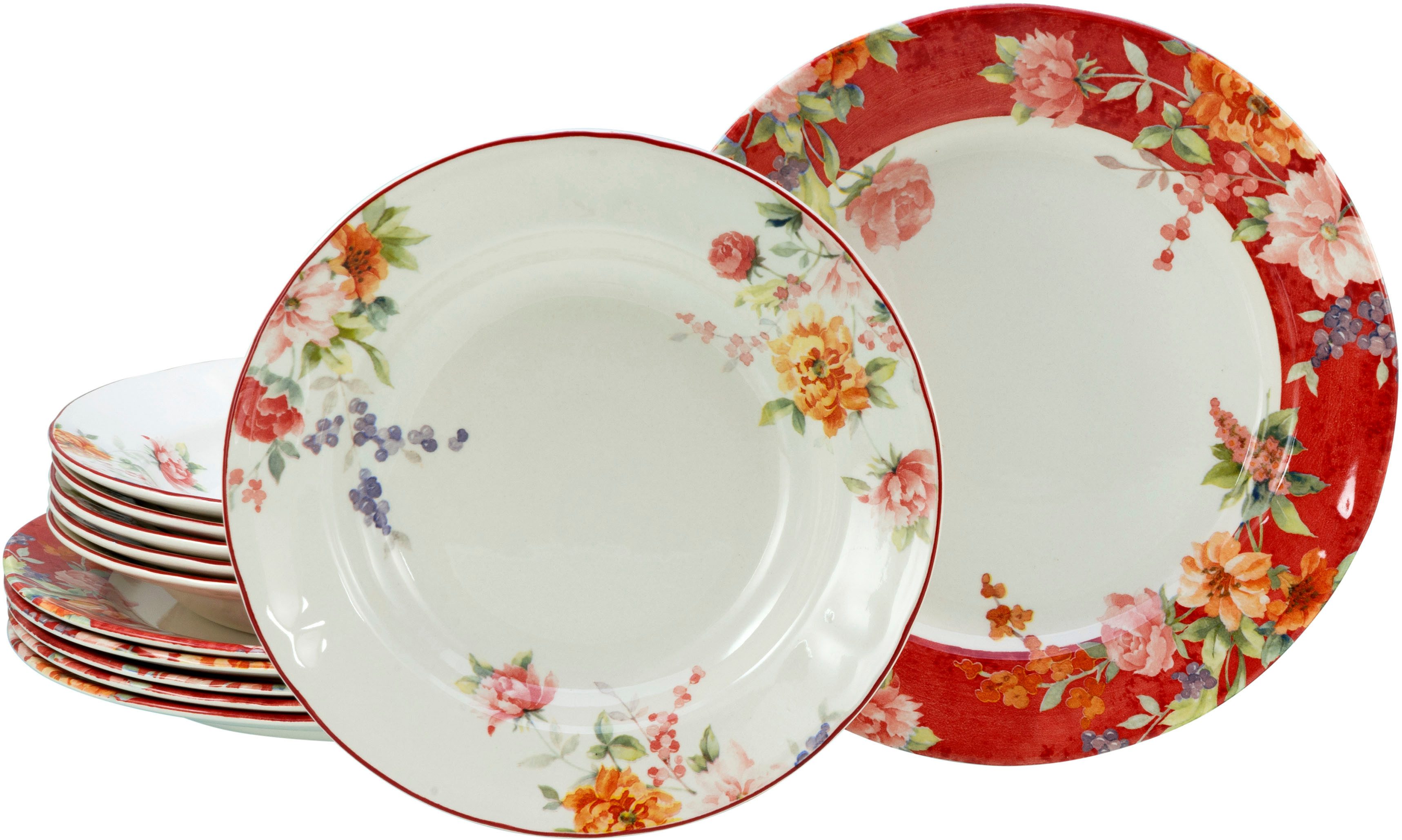 CreaTable Tafelservice Crimson Bunt, Service 12-tlg. (12-tlg), 6 Personen, Steingut, Teller Set, Blütendekor, Designklassiker