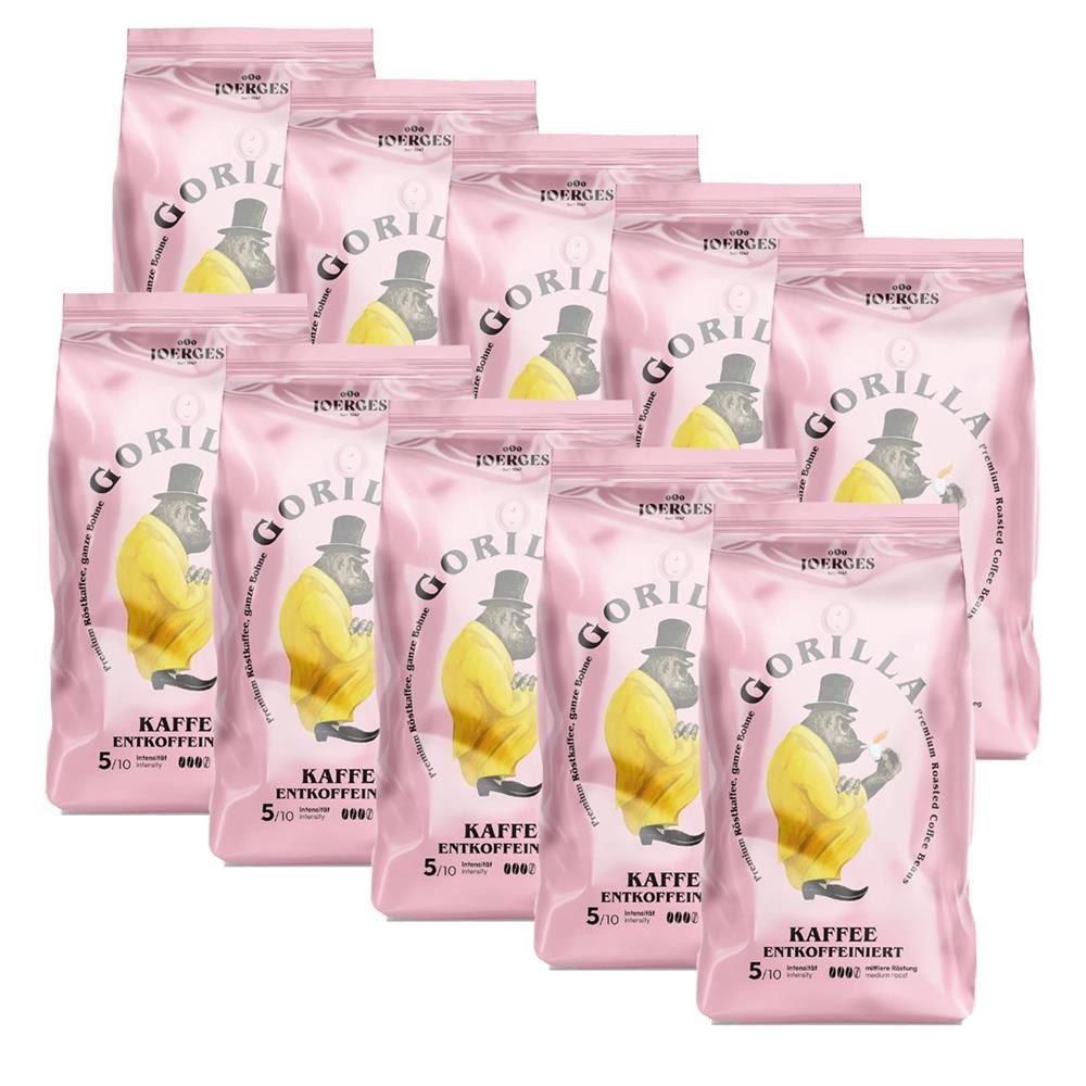 Gorilla Kaffee Joerges Kaffee Entkoffeiniert 10x1kg Bohnen Kaffeebohnen, 10 x 1000 g, Intensität von 5/10