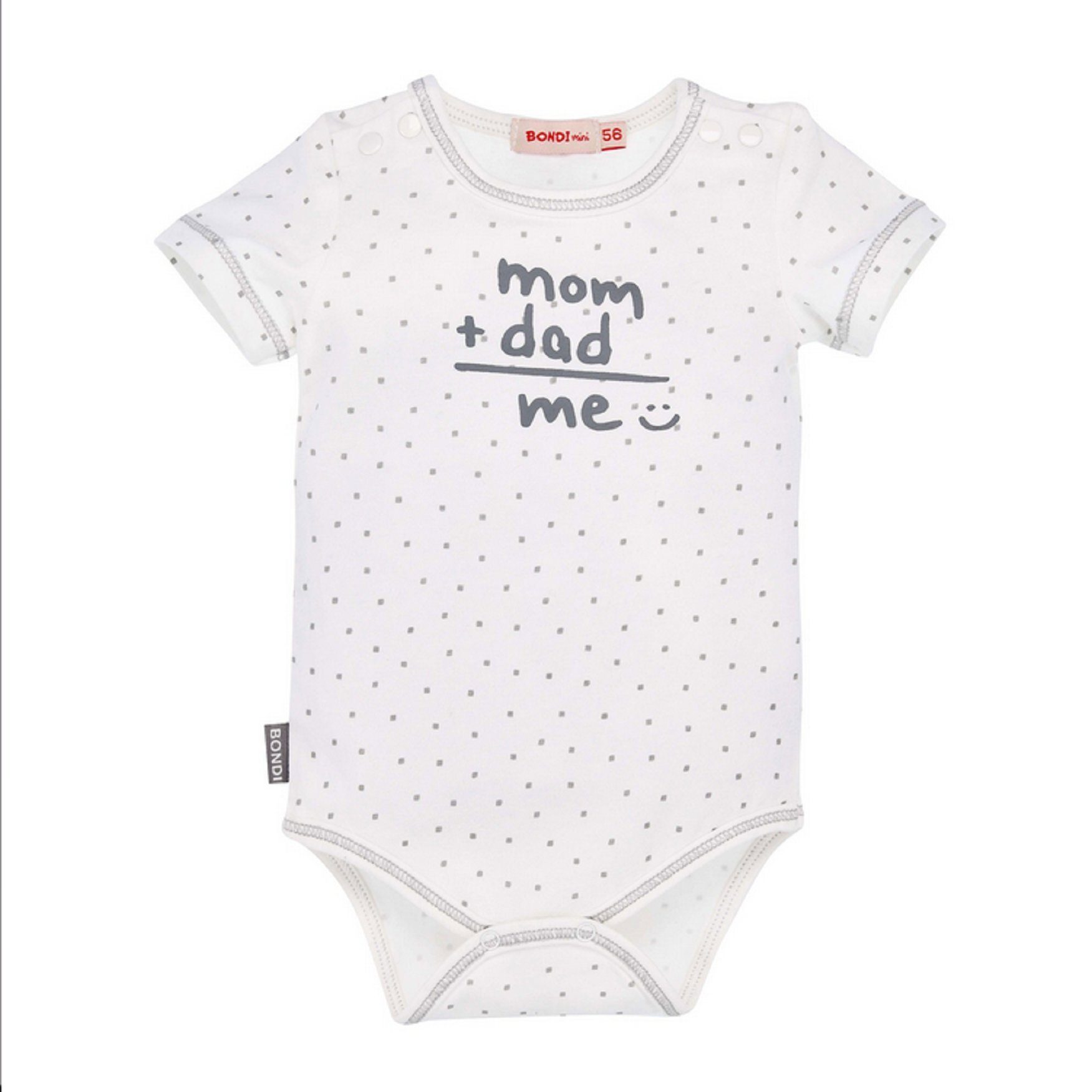 BONDI Kurzarmbody Baby Body "Mom+Dad=Me", weiss grau 93672, gepunktet, Body mit Spruch mit lustigen Print