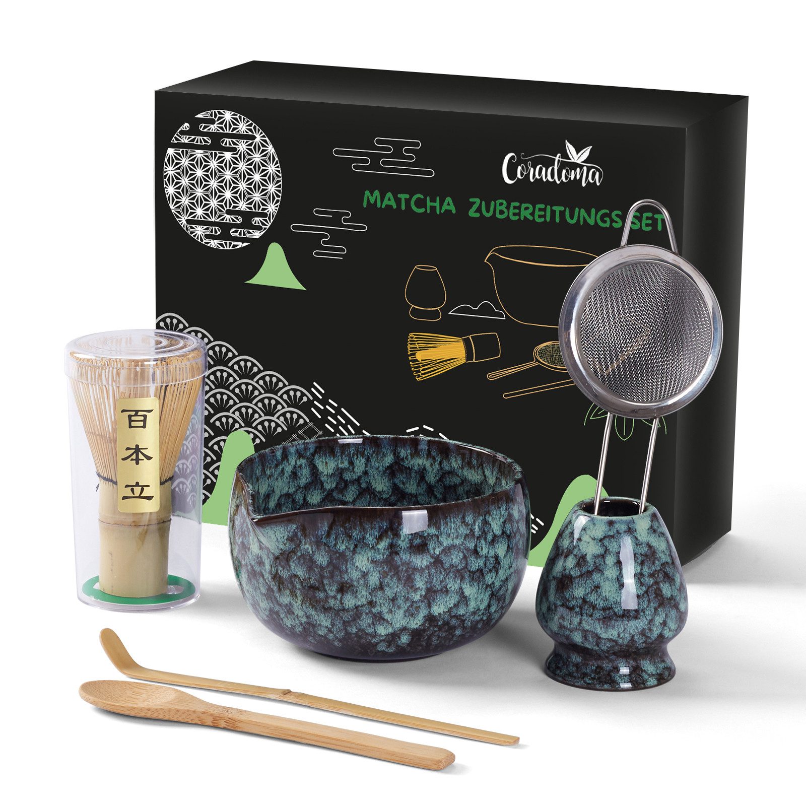 Coradoma Чайный сервиз Matcha Tee Set 7-teilig Zubereitungsset Geschenkset mit Bambus Chasen, Japanisch Traditionell für Teezeremonie