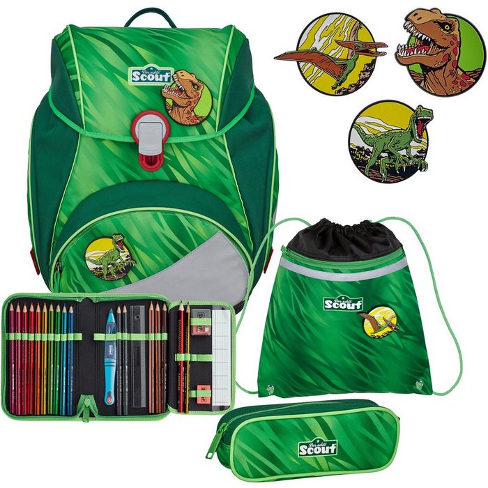 Scout Schulranzen Alpha - Green Rex (Set) mit 3 Funny Snaps; enthält recyceltes Material