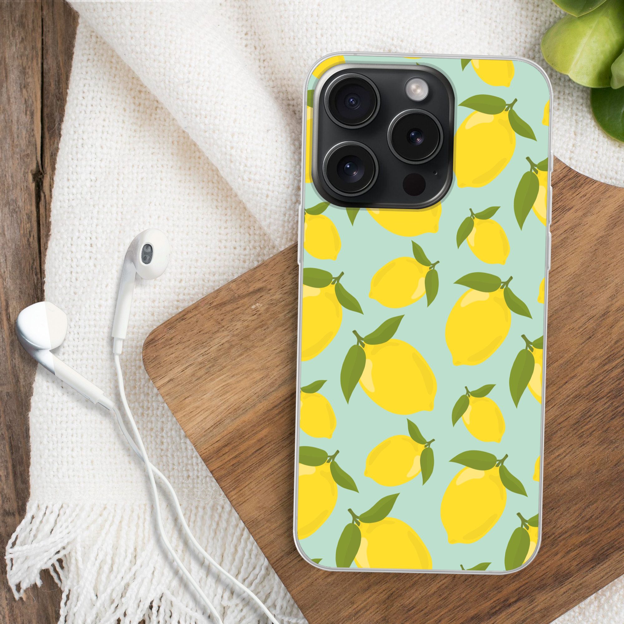 MuchoWow Handyhülle für Apple iPhone 15 Pro Muster Zitronen - Gelb - Blau - Muster - Früch, Smartphone-Bumper, Print, Handy Schutzhülle Dünn