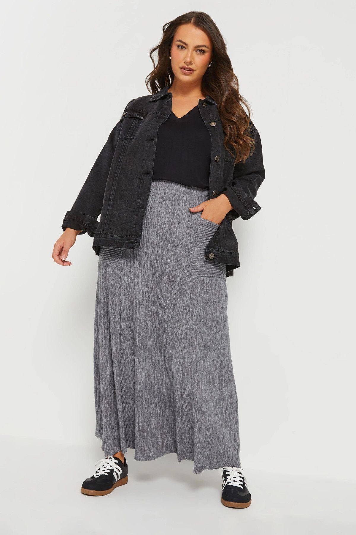 Stil Diva Midirock Maxirock in Übergröße mit elastischem Bund, Vordertasche und Rippstric