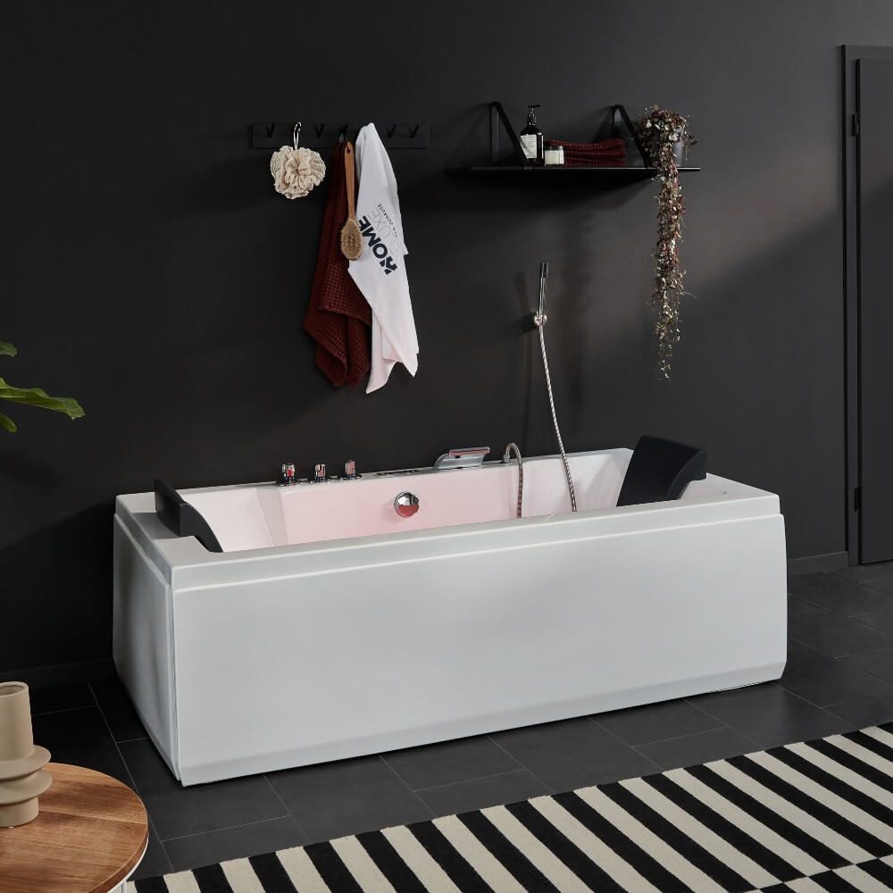 HOME DELUXE Whirlpool-Badewanne LAGUNA PURE - 180 x 90 x 55 cm, (inkl. LED, Radio & komplettem Zubehör), 4 Whirlpooldüsen, 6 jets & 16 Luftdüsen, Whirlpool für 2 Personen