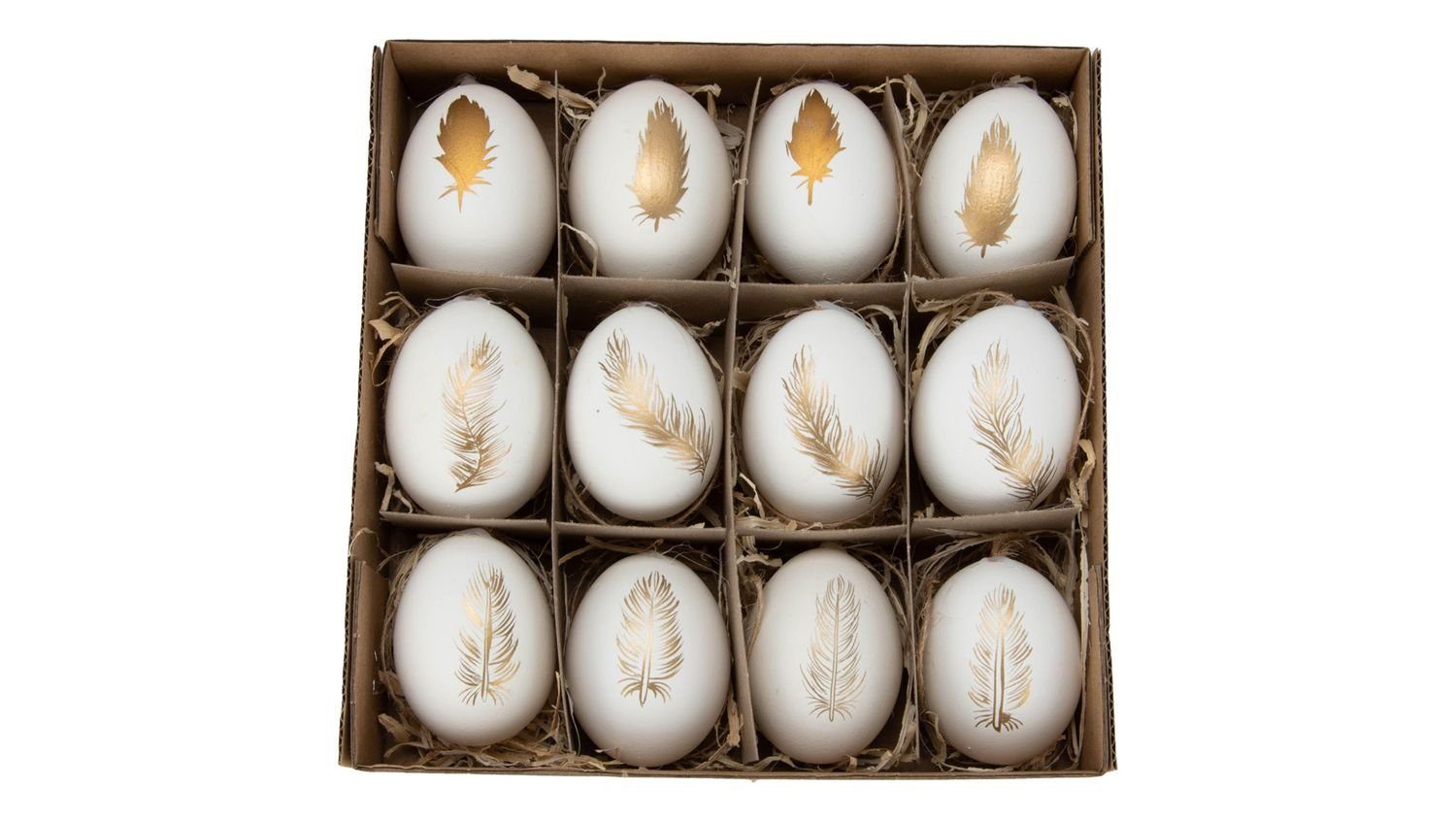 NaDeco Bastelnaturmaterial Hühnereier 12 Stück, bemalt mit goldener Feder