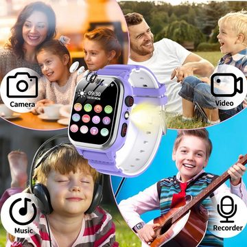 POKUJNFY Fur KinderJungen Mädchen Geburtstagsgeschenke Inklusive-SD-Karte Smartwatch (1,44 Zoll), Mit 26 Spiele, Telefon, Schrittzähler, Kalorien -SOS HD-Kamera, MP3