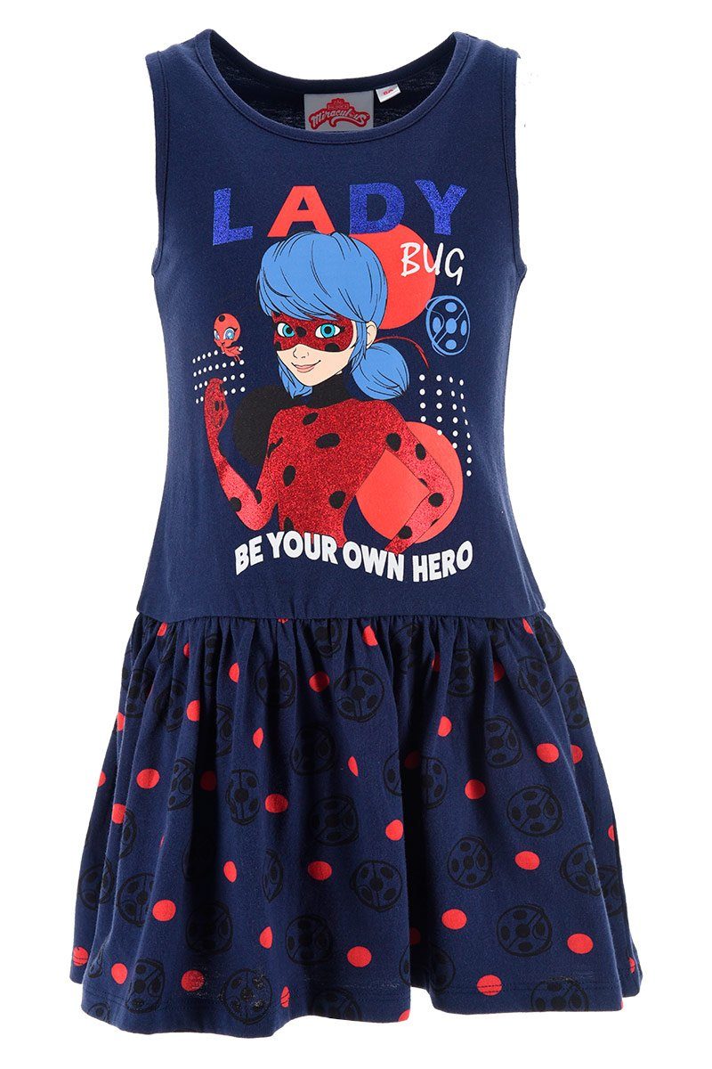 Gr. Glitzer mit Miraculous für HERO Mädchen Dunkelblau BE YOUR -128 Ladybug cm 104 - Sommerkleid OWN Jerseykleid