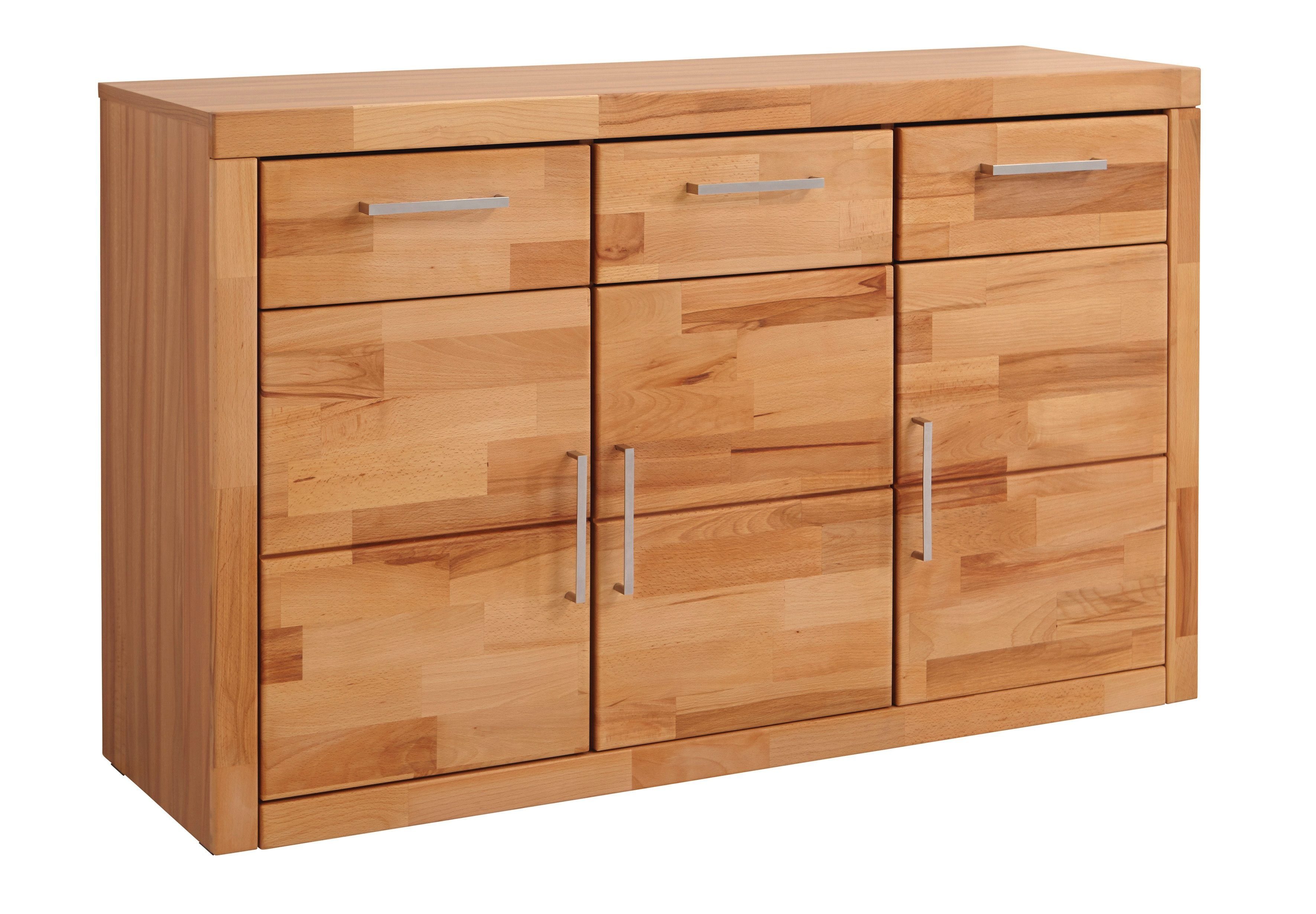OTTO home Sideboard Logo,130cm breit,42 cm tief, Fronten Massivholz,2 breite Fächer, Holz massiv, Holzwerkstoff, Metall Griffe,3Türen,3Schubladen