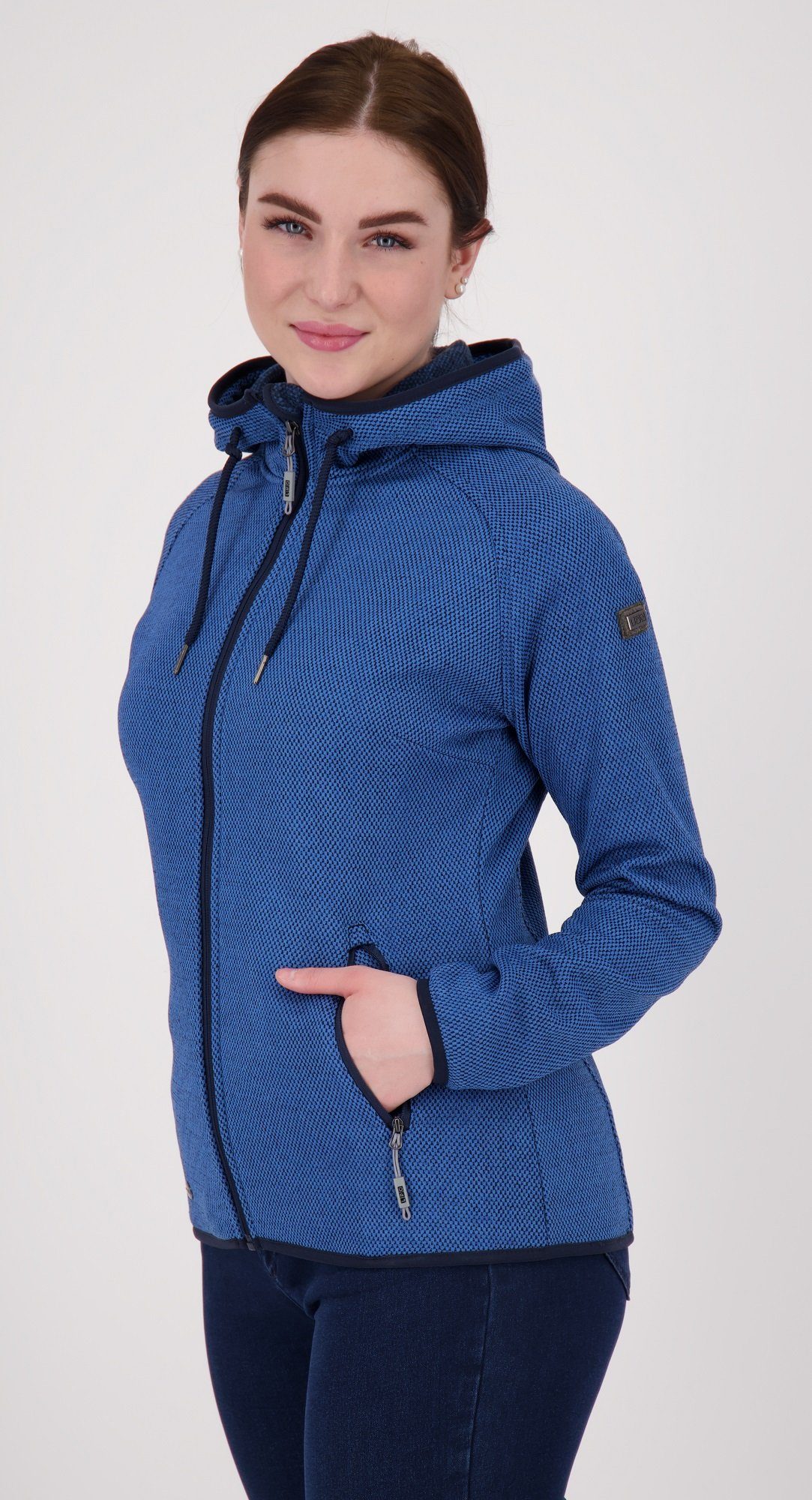 WOMEN denim Kapuze, Active DEPROC Damenjacke Größen Kapuzenfleecejacke Fleecejacke, mit auch dark XANA Strickfleece Großen CS in