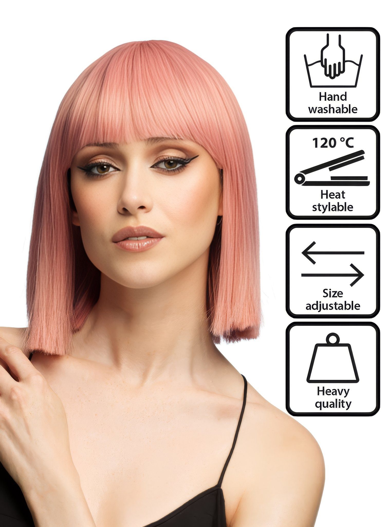 Boland Kostüm-Perücke Blunt Bob mit Pony Perücke rosa, Hochwertige Perücke mit glatter Kurzhaarfrisur