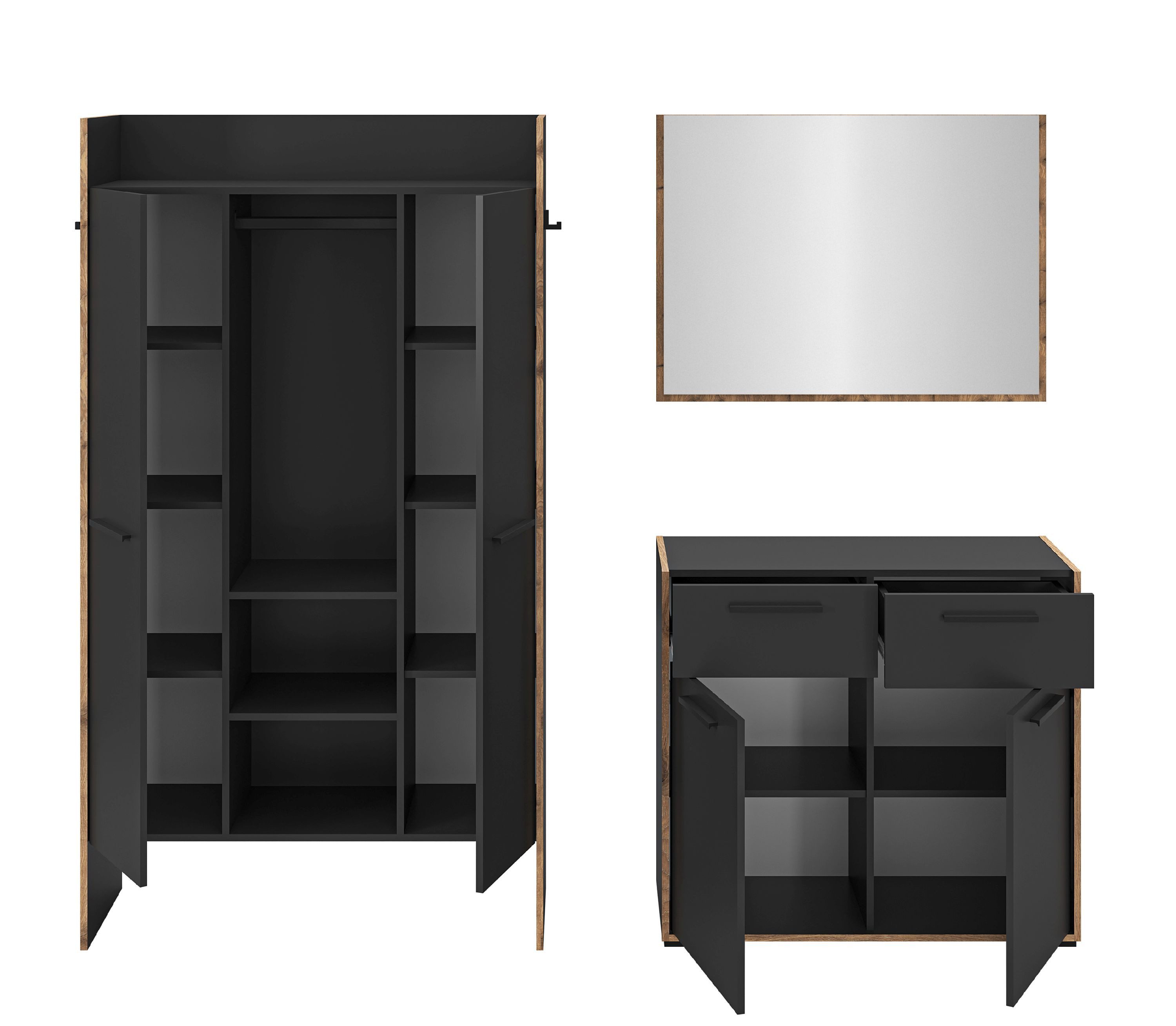 xonox.home Garderoben-Set Bueno, (3tlg. Set inkl. Garderobenschrank Breit, Kommode, Spiegel), Basalt Melamin Melamin beschichtet modern 215x189x37 cm