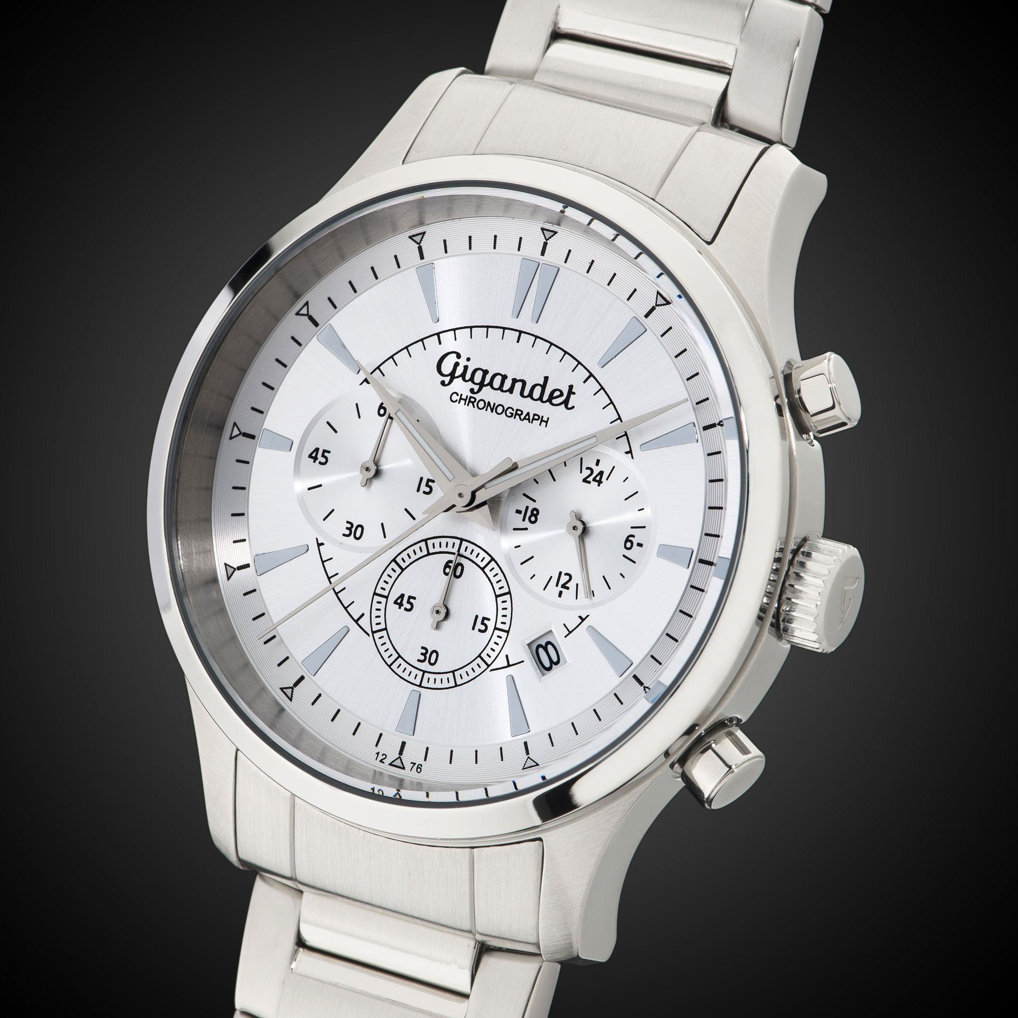 Gigandet Chronograph Armbanduhr, Herrenuhr, Sportuhr, 44mm, BRILLIANCE G48-005, Mineralglas, Datumsanzeige, Edelstahlband, 5bar/50m wasserdicht
