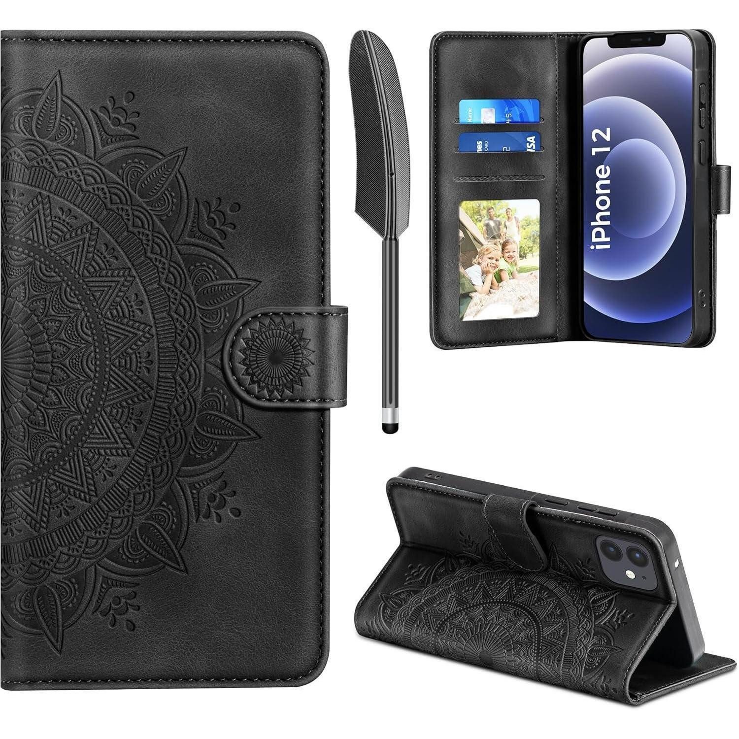LuxusKollektion Flip Case Handyhülle Flip Kartenfach Magnet iPhone 12 12 Pro Schwarz in