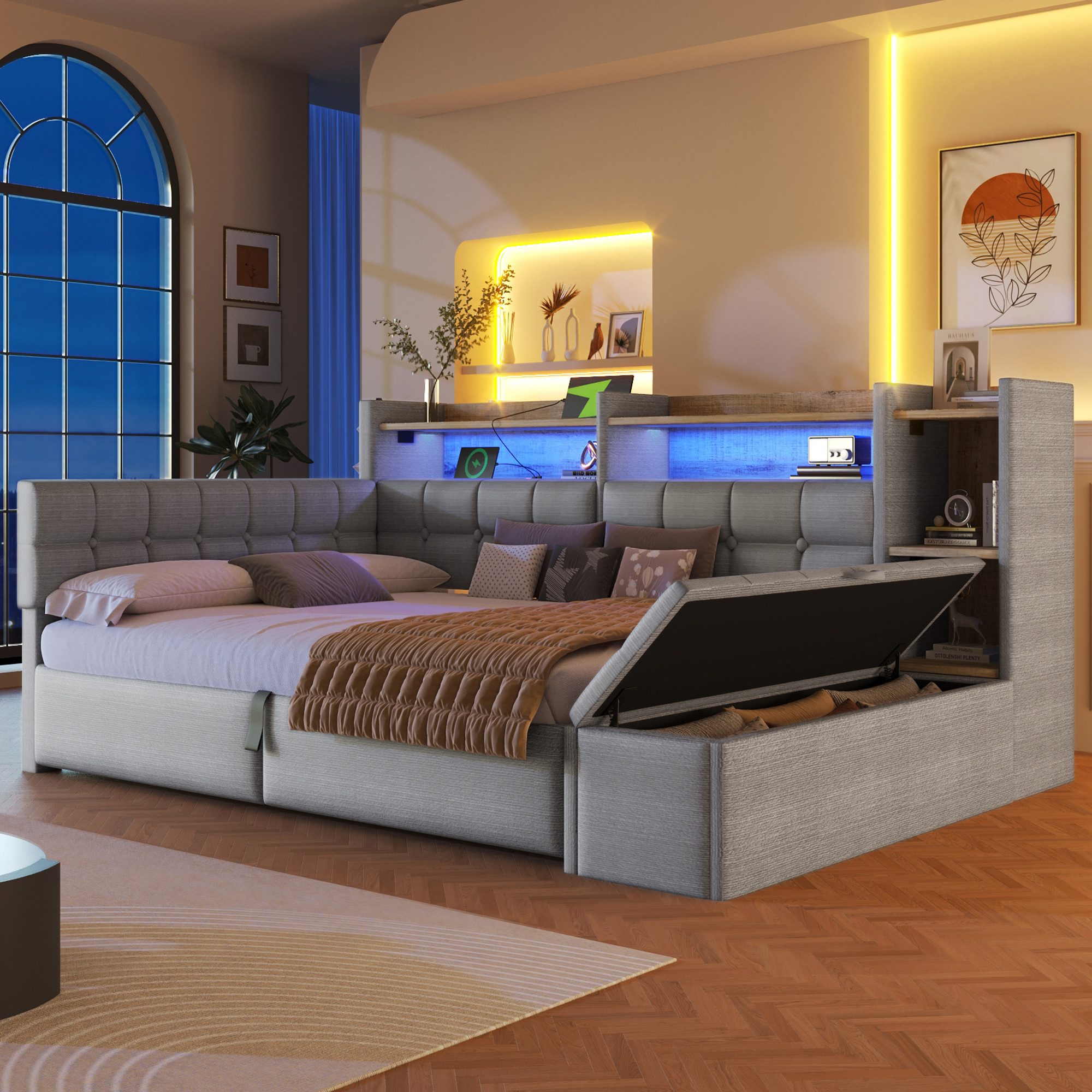 Merax Daybett mit LED Lichtleiste, USB, Typ-C & Bettkasten, Samt (Schlafsofa Sofabett Jugendbett Kinderbett Doppelbett, 1 tlg), Tagesbett 140x200cm mit hydraulischem Stauraum,Ablagefach,Stauraumbank