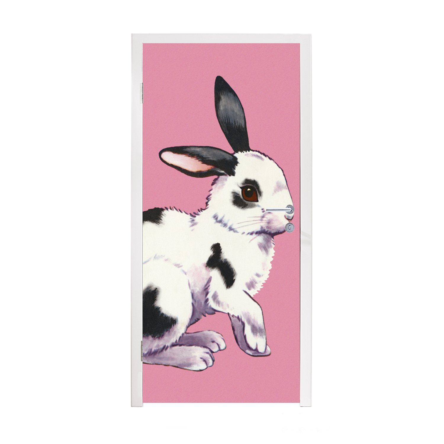 MuchoWow Türtapete Kaninchen mit rosa Hintergrund, Matt, bedruckt, (1 St), Fototapete für Tür, Türaufkleber, 75x205 cm