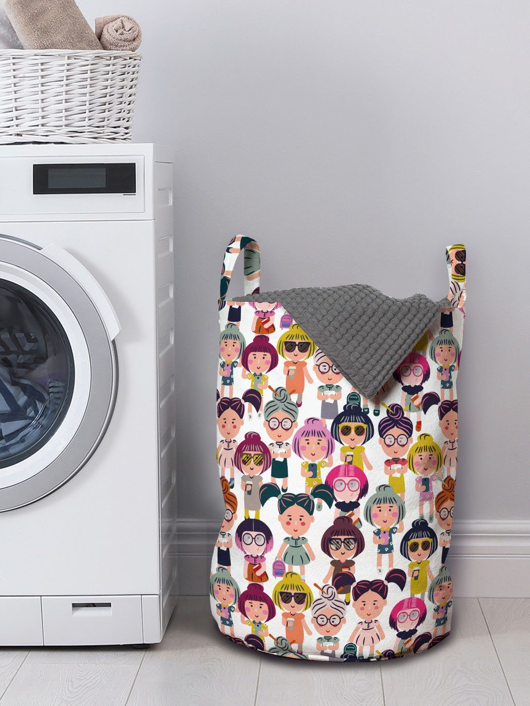 Mädchen Cartoon Themed für Abakuhaus Griffen Wäschesäckchen Kordelzugverschluss Waschsalons, Wäschekorb Fashion mit