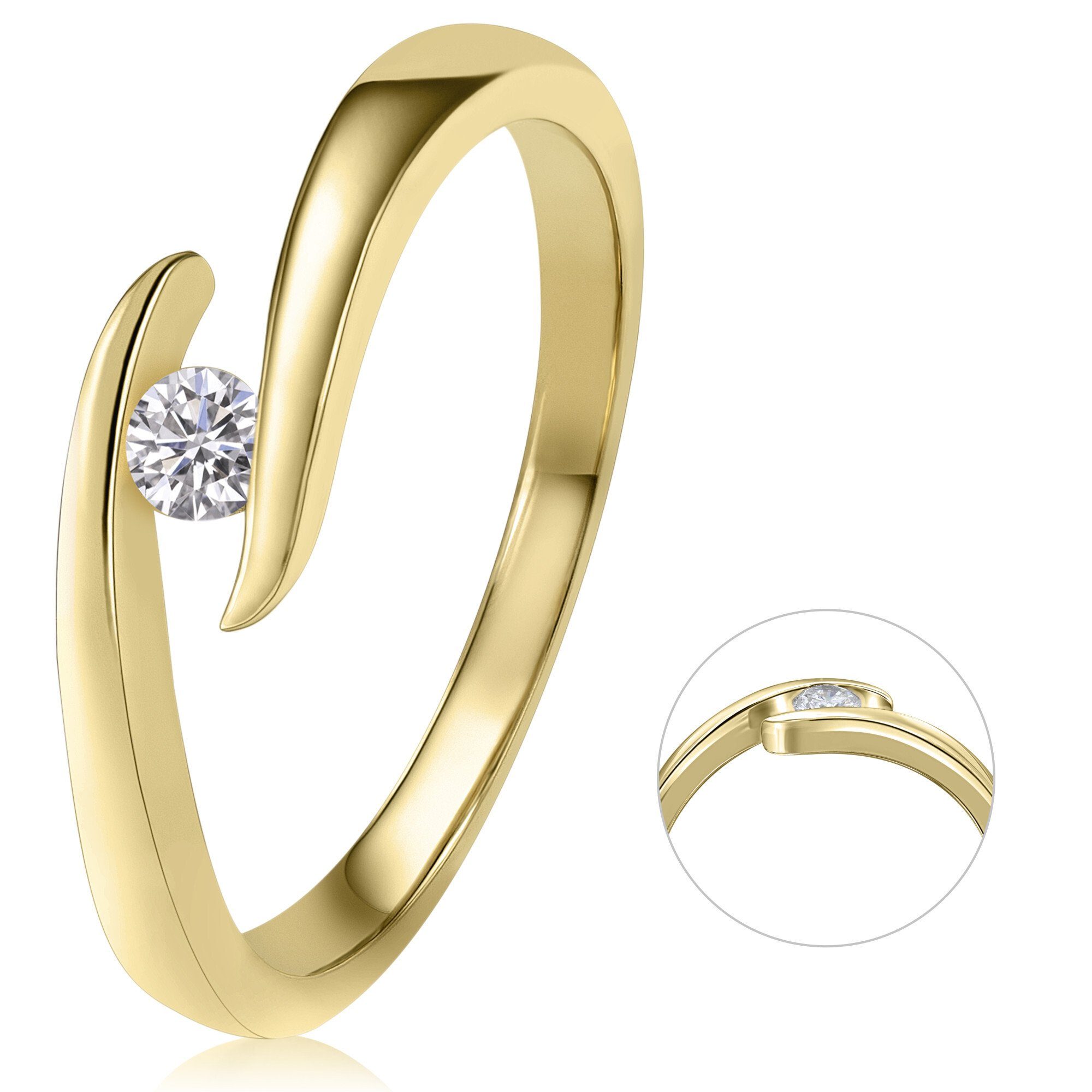 Spannfassung Schmuck Gelbgold, ELEMENT Gold Ring Spannfassung ct Brillant Diamantring aus 585 Diamant 0,10 Damen ONE