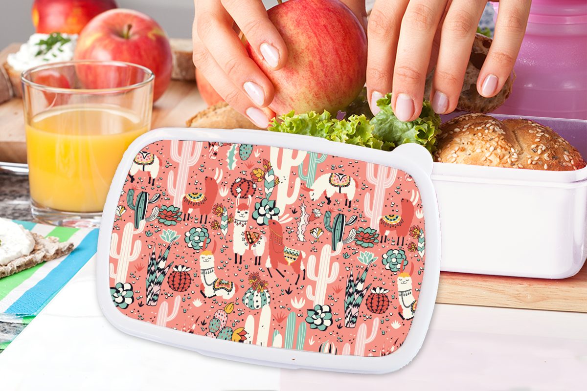 und Lama, Kinder MuchoWow - Brotdose, (2-tlg), und Muster - weiß Mädchen Erwachsene, für Lunchbox Kunststoff, für Dschungel Brotbox Jungs