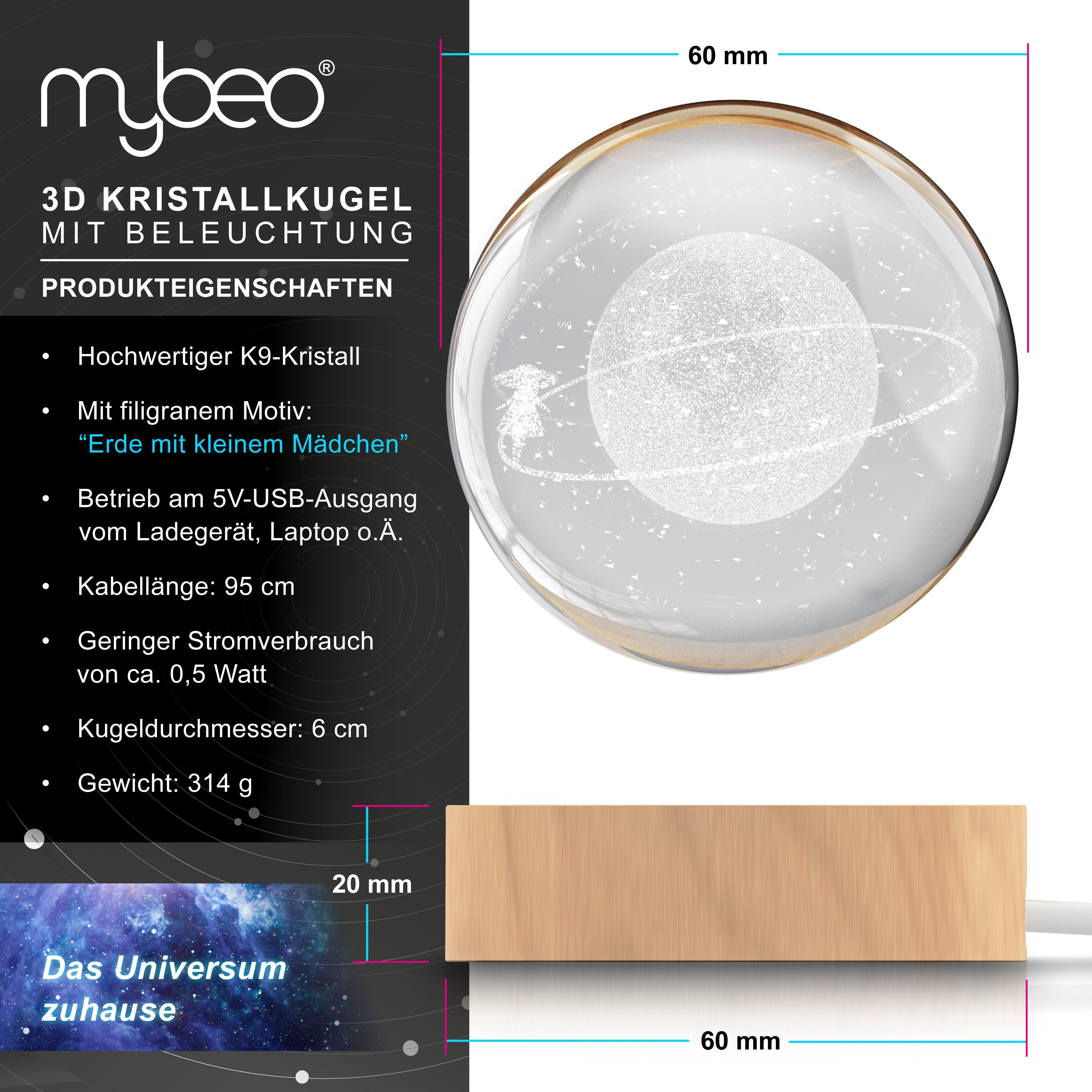 MyBeo LED Dekolicht 3D Glaskugel, Leuchtende Kristallkugel mit Gravur, Nachtlicht Skulptur, Farbwechsel, LED fest integriert, Farbwechsler, RGB LED, K9 Kristall, 6 cm ⌀, Holzsockel, geringer Energieverbrauch