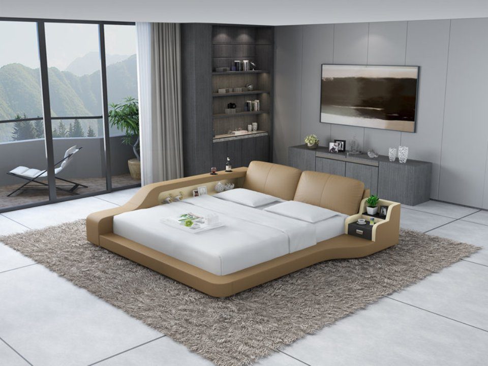 Bett JVmoebel Leder Design Beige Doppel Betten Luxus Polster Multifunktion Moderne Bett