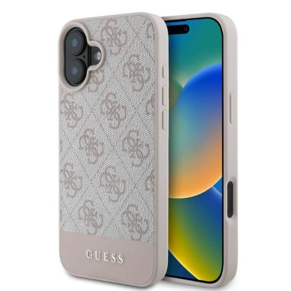 Guess Handyhülle iPhone 16 Kunstleder Muster rosa Logo Schrift goldfarbig