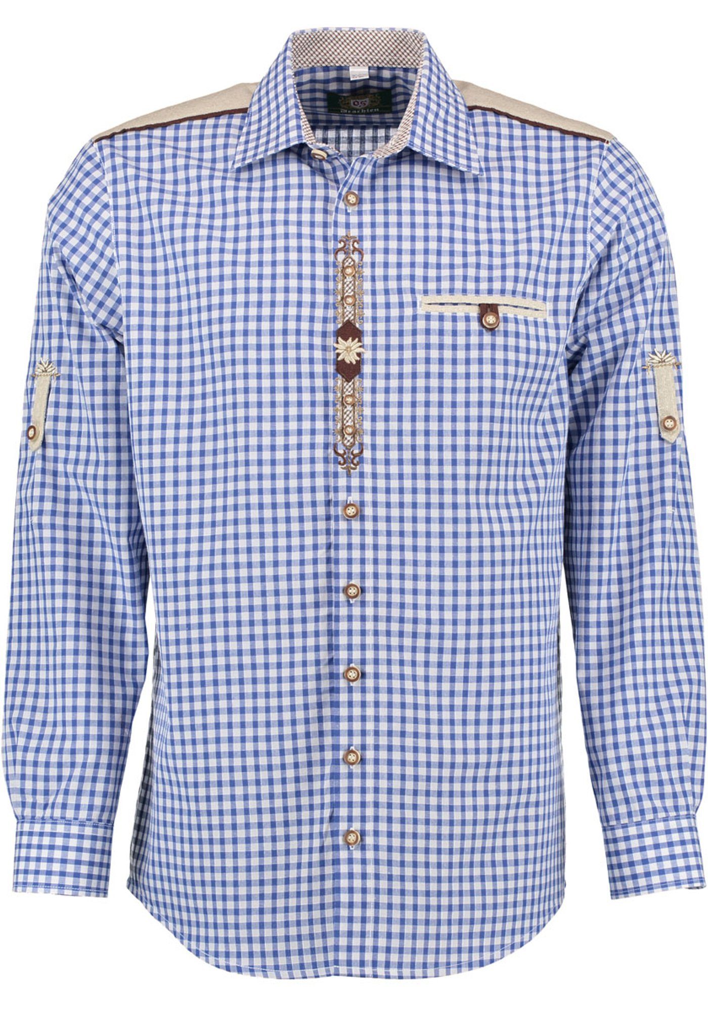 OS-Trachten Trachtenhemd Draker Langarmhemd mit Paspeltasche, Edelweiß-Stickerei auf der Knopfleiste mittelblau | Trachtenhemden