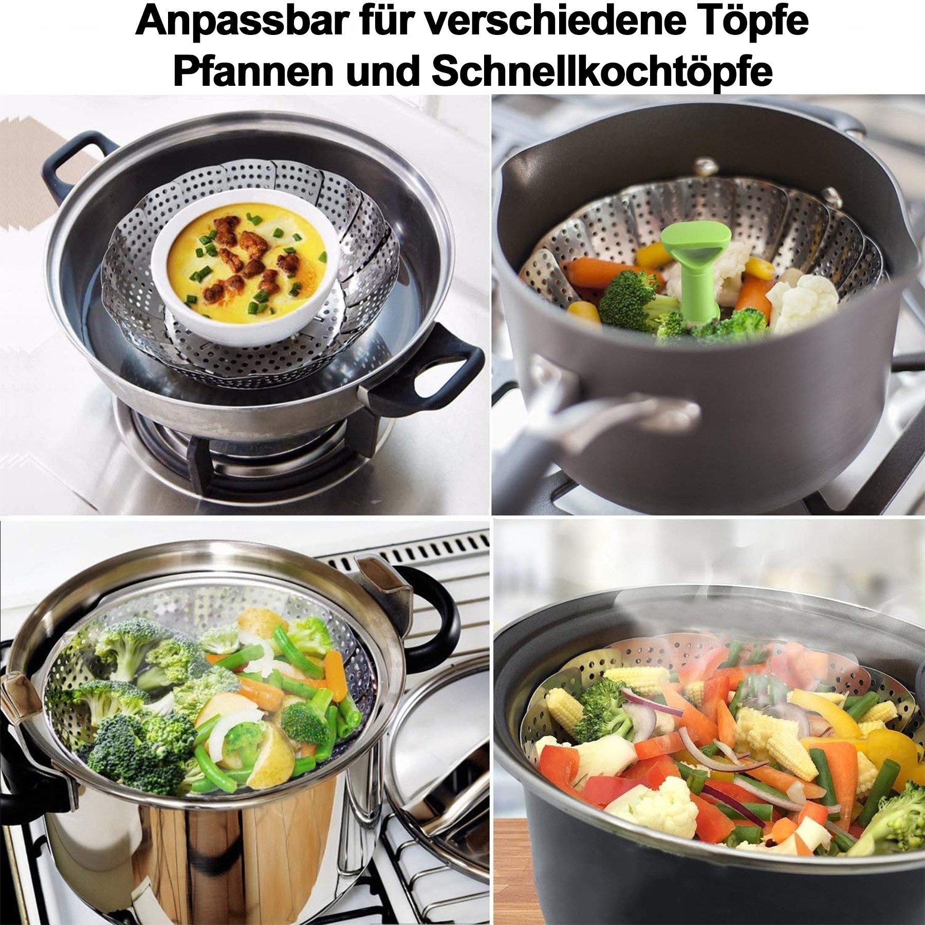 Mutig Dampfgartopf Edelstahl Dampfgarer Einsatz, Dämpfkorb mit Anti-Verbrühungs-Griff, Edelstahl (faltbarer Dünsteinsatz mit rutschfesten Beinen, verstellbar, rostfrei, spülmaschinengeeignet), für Gemüse und Obst, Ø 23 / 28 cm