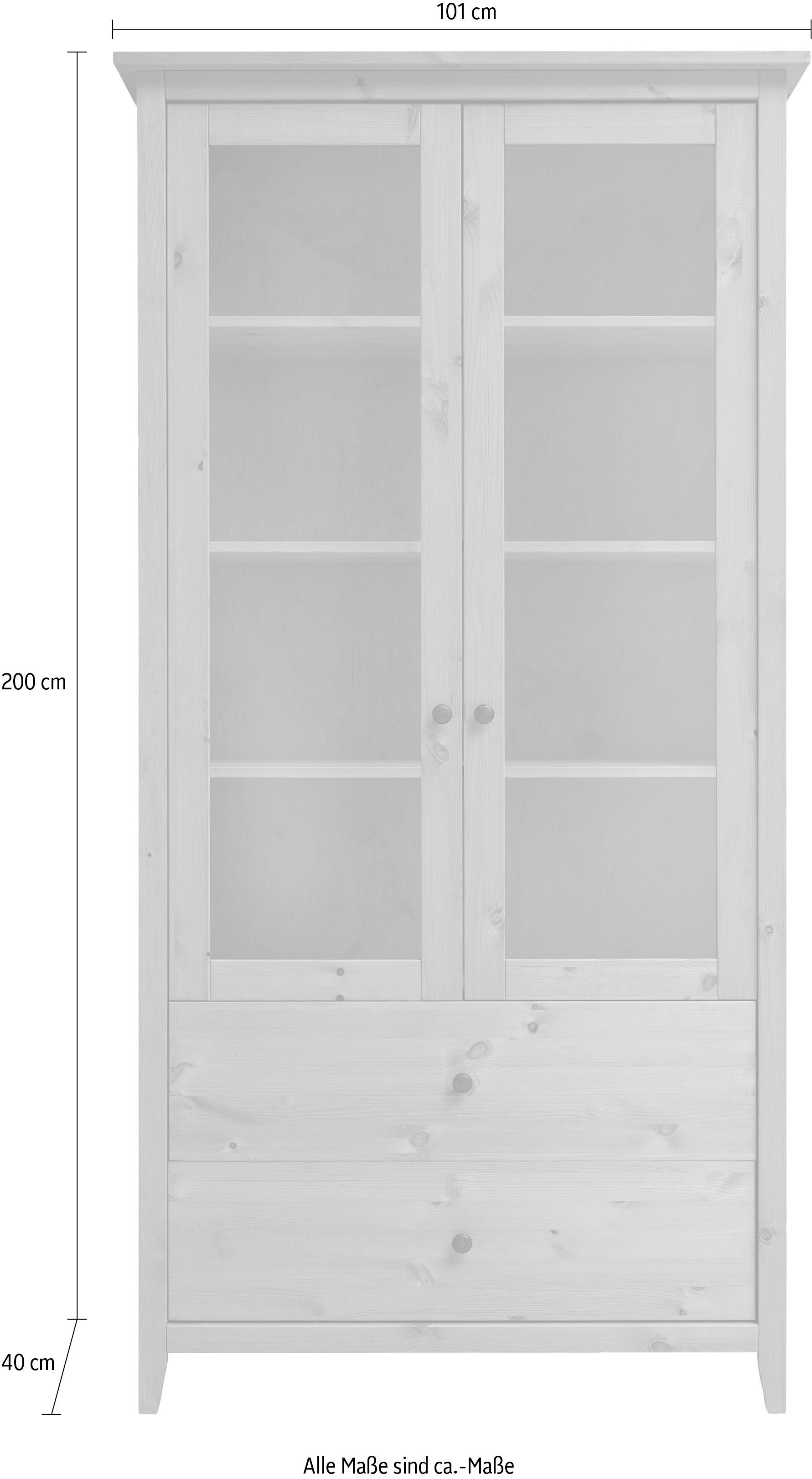 Breite by Weiß Hochschrank massiv Schrank Infantil 101 Weiß mit Landhaus Kiefer Vitrine | Wohn[glück]lich Solvita cm, Glastür,