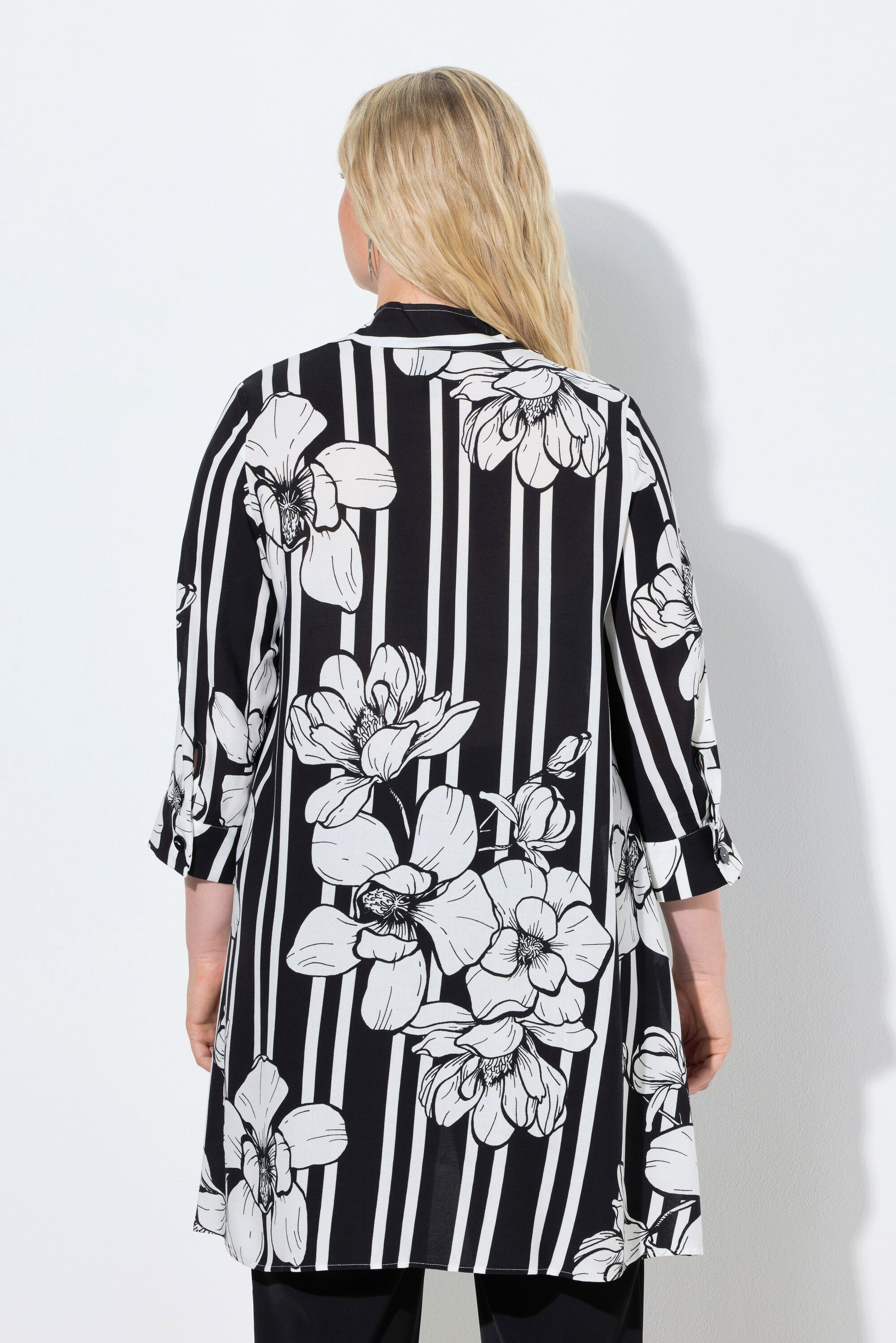 Ulla Popken Tunika Tunika Blüten/Streifen A-Linie Stehkragen 3/4-Arm
