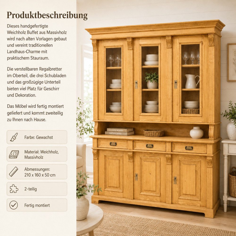 Wohnpalast Buffet Landhaus Küchenschrank Massivholz Buffet Schrank (2-St)
