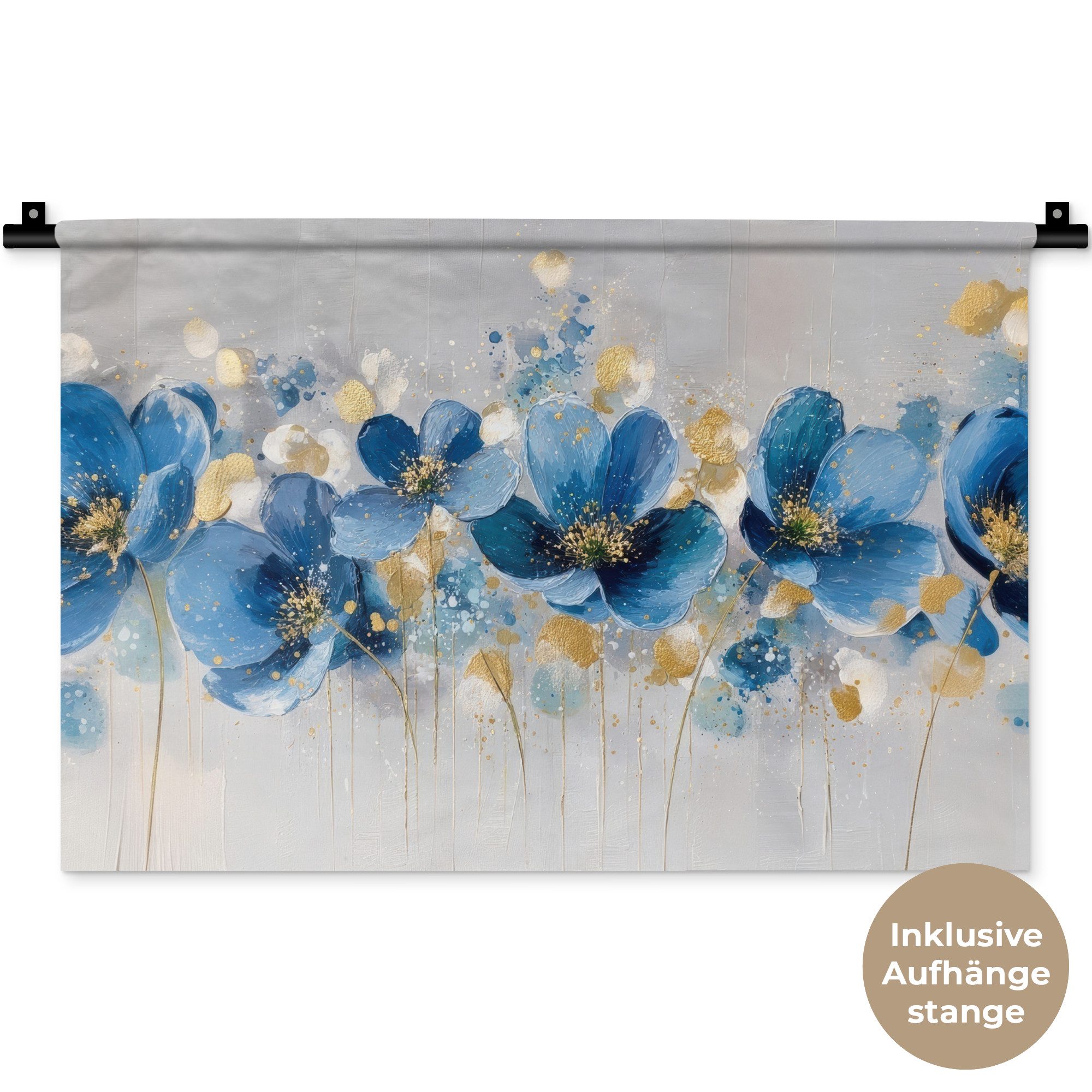 MuchoWow Wandteppich Blumen - Blau - Abstrakt, Rechteckig, Höhe: 3 mm, Wandteppich für Wohnzimmer, Schlafzimmer, 60x40 cm
